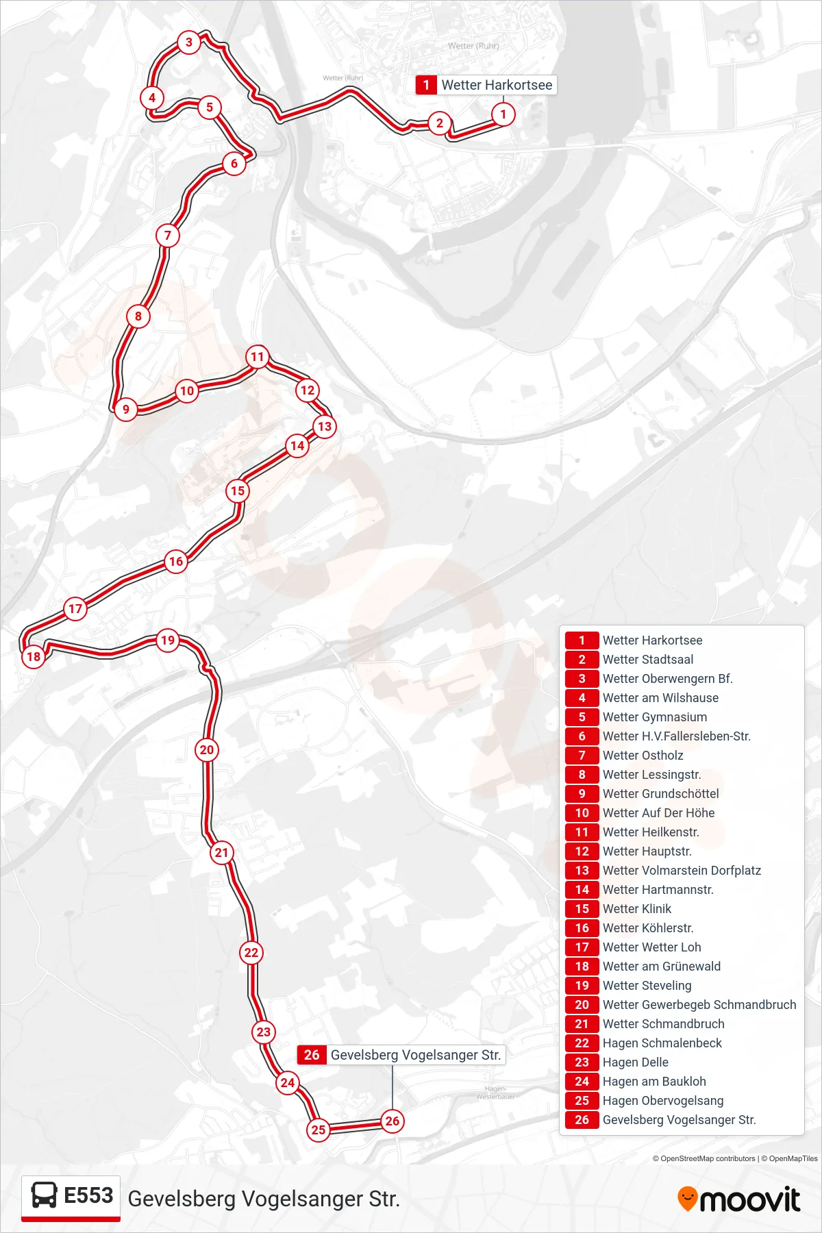 Linie E553 (Bus) Richtung Gevelsberg Vogelsanger Str.: Route und Haltestellen auf der Karte