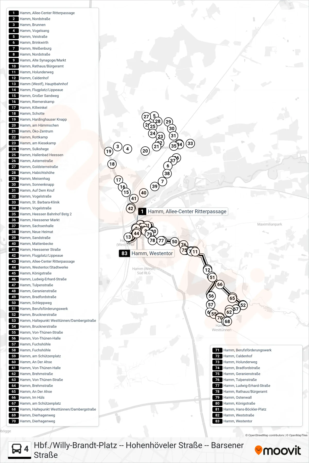 4 bus Line (Hamm (Westf), Hauptbahnhof) route and stops on a map