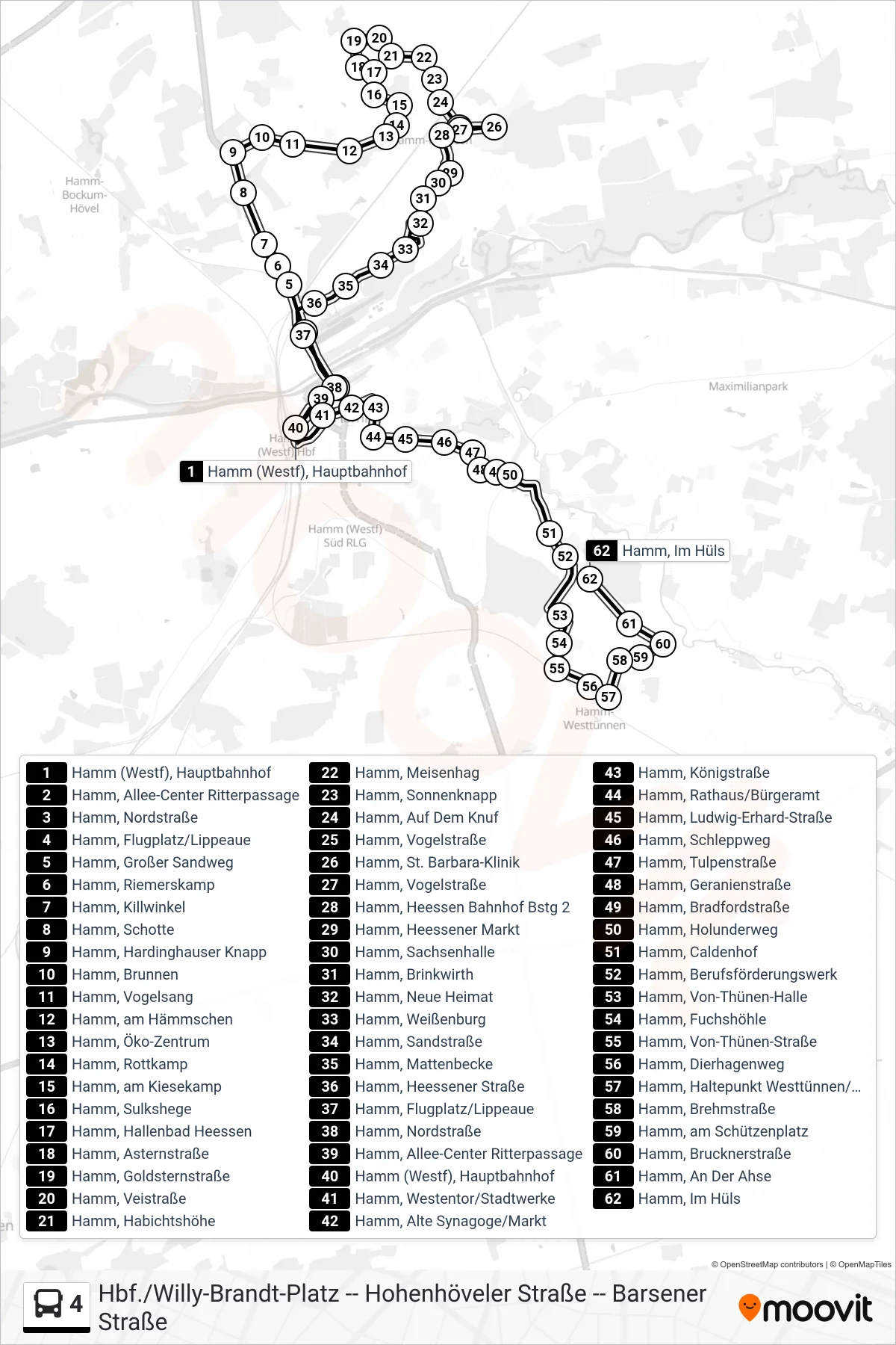 Linie 4 (Bus) Richtung Hamm, Im Hüls: Route und Haltestellen auf der Karte