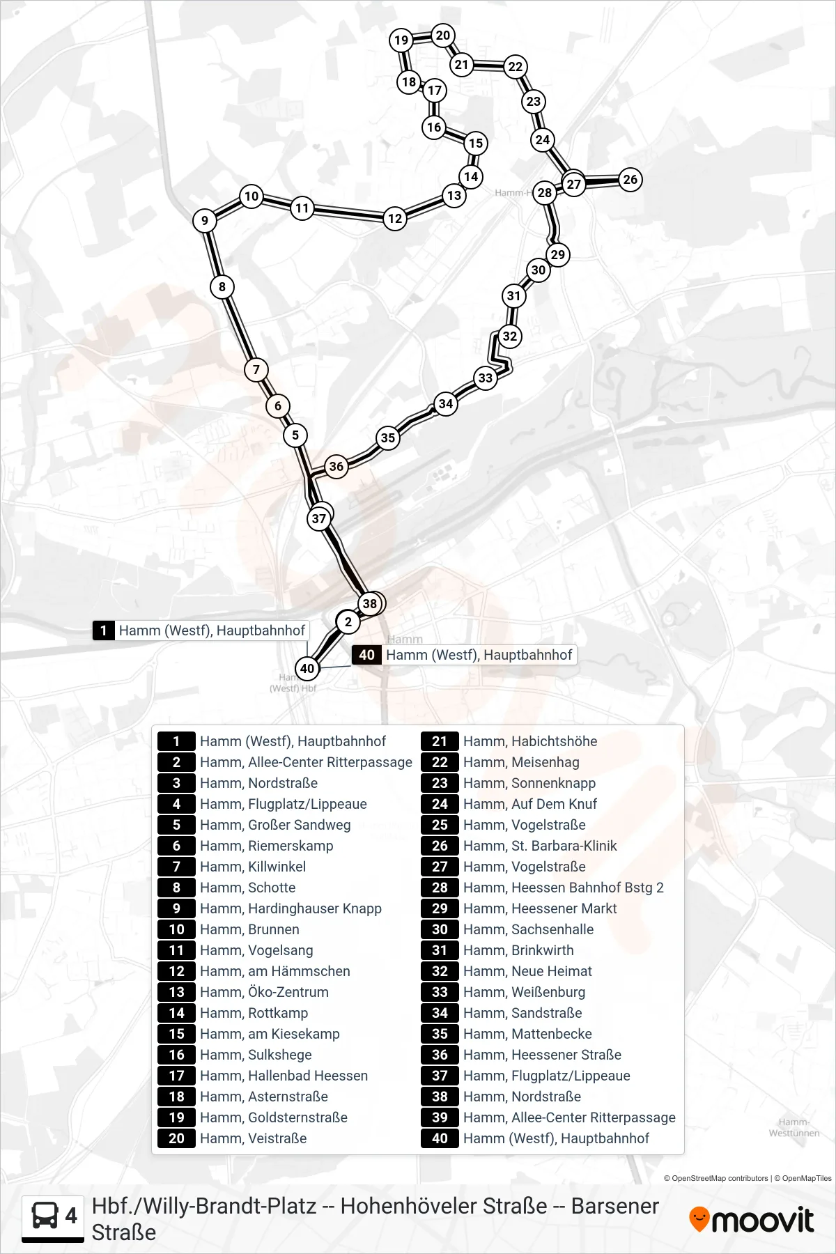 4 bus Line (Hamm (Westf), Hauptbahnhof Bstg 3) route and stops on a map