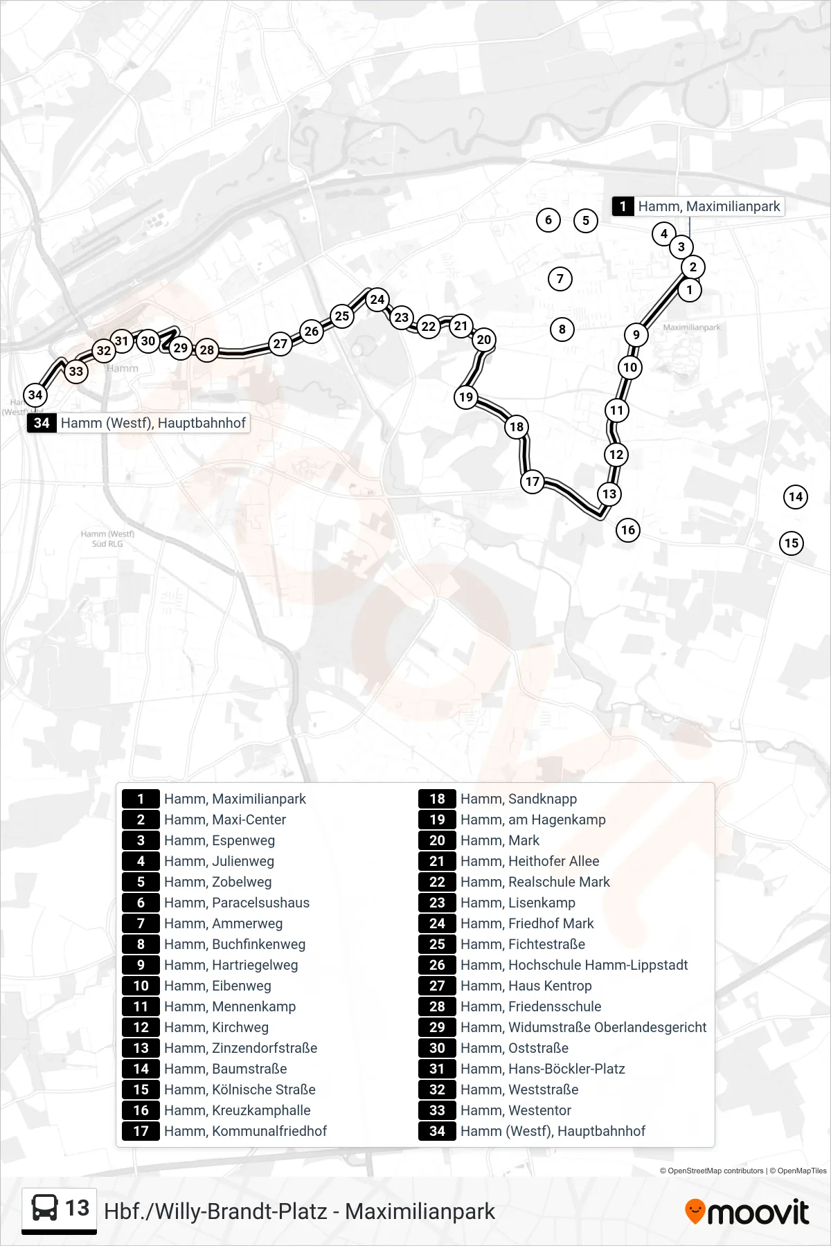 Linie 13 (Bus) Richtung Hamm (Westf), Hauptbahnhof: Route und Haltestellen auf der Karte
