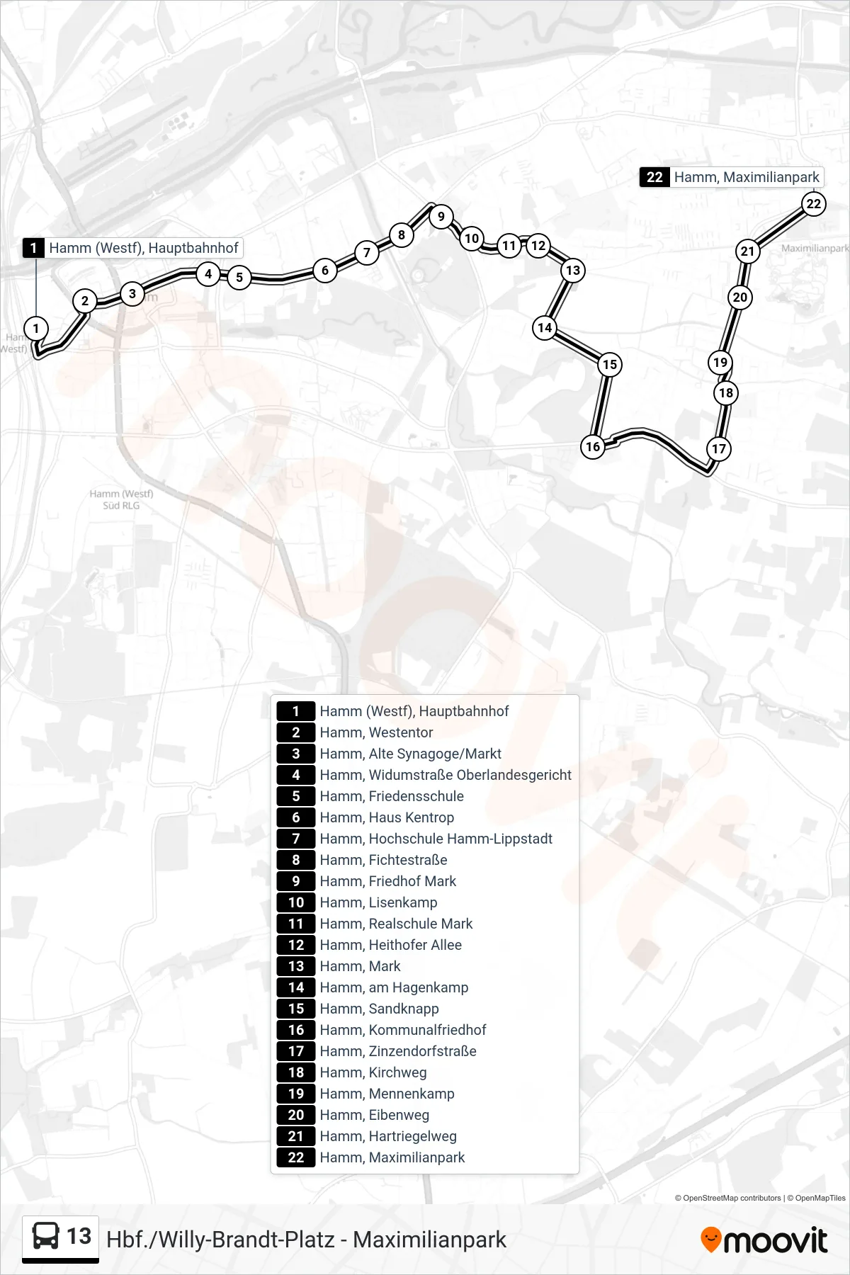 13 bus Line (Hamm, Maximilianpark) route and stops on a map