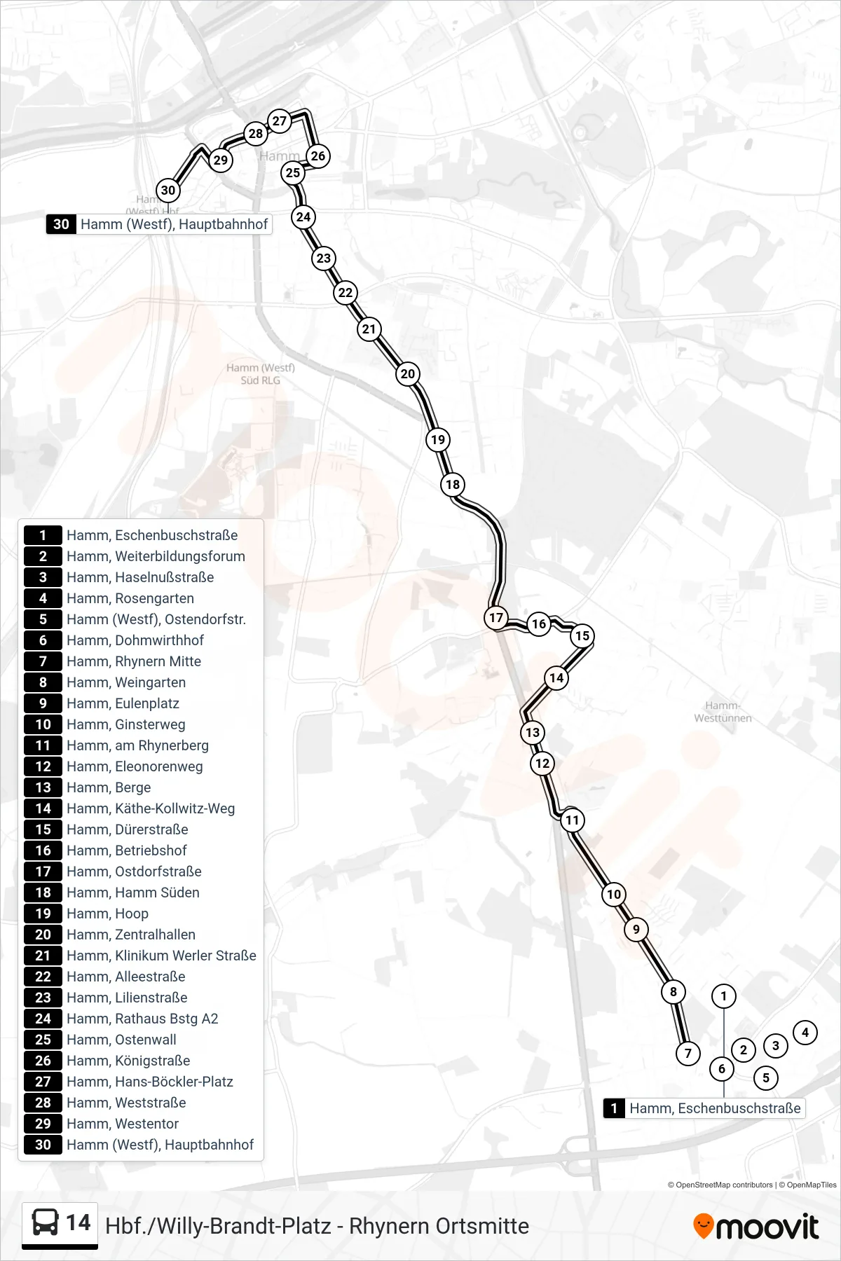 Linie 14 (Bus) Richtung Hamm (Westf), Hauptbahnhof: Route und Haltestellen auf der Karte
