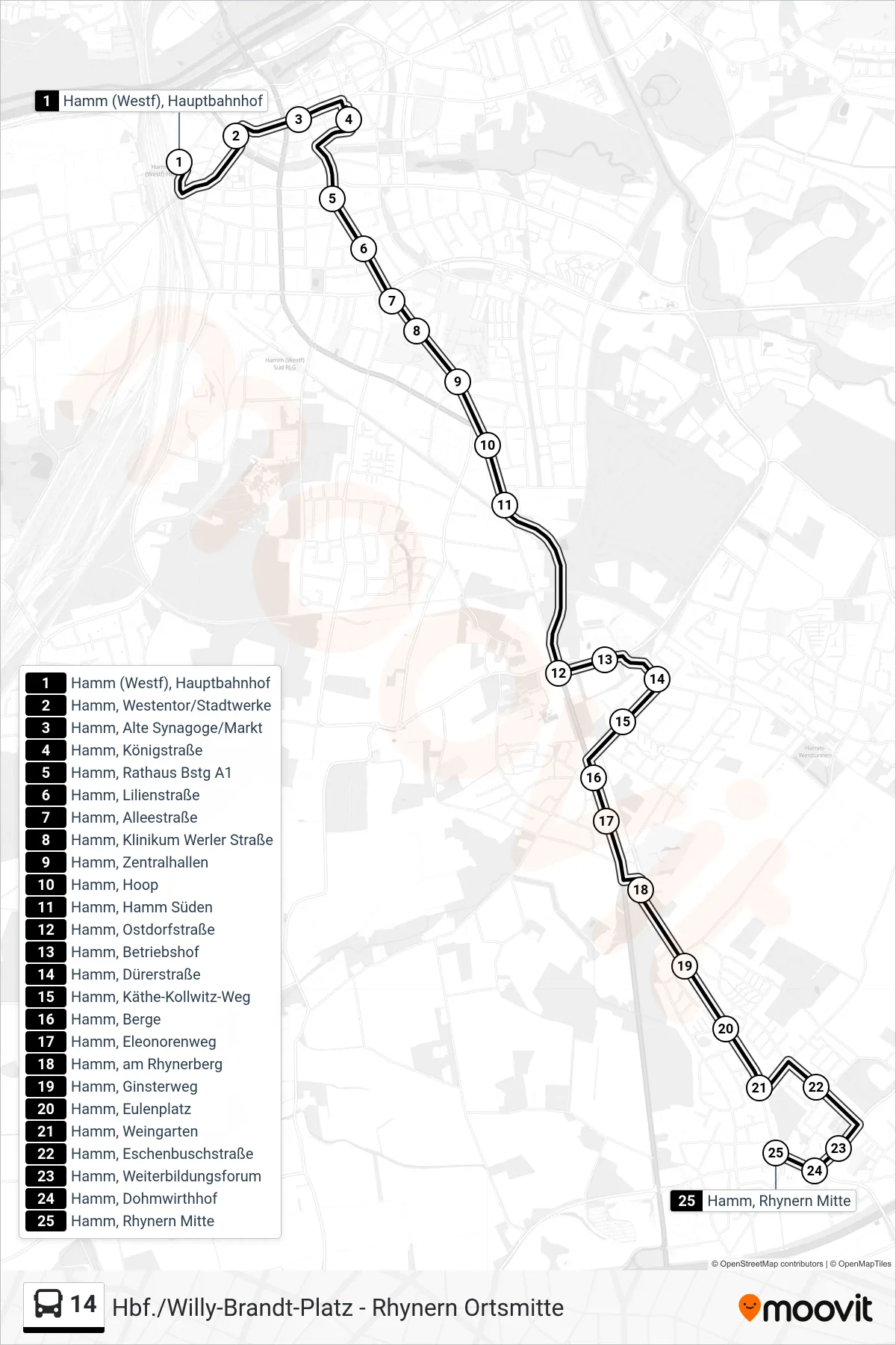 14 bus Line (Hamm, Rhynern Mitte) route and stops on a map