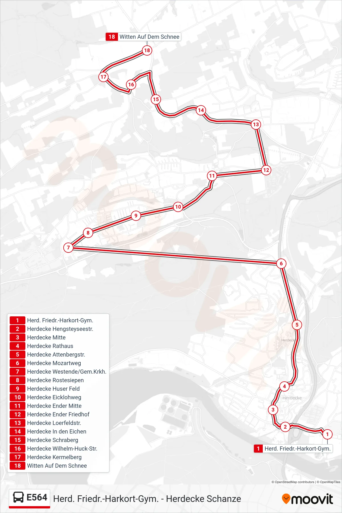 Linie E564 (Bus) Richtung Witten Auf Dem Schnee: Route und Haltestellen auf der Karte