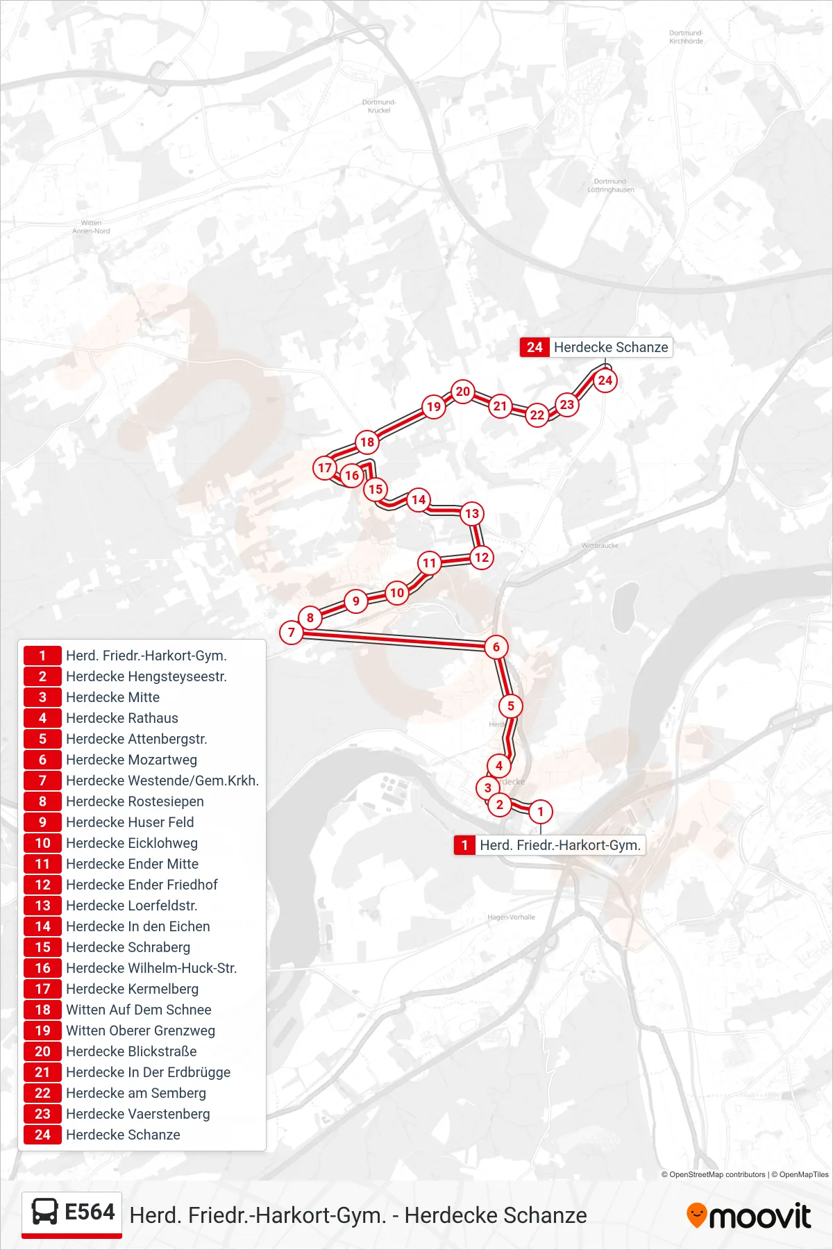 E564 bus Line (Herdecke Schanze) route and stops on a map
