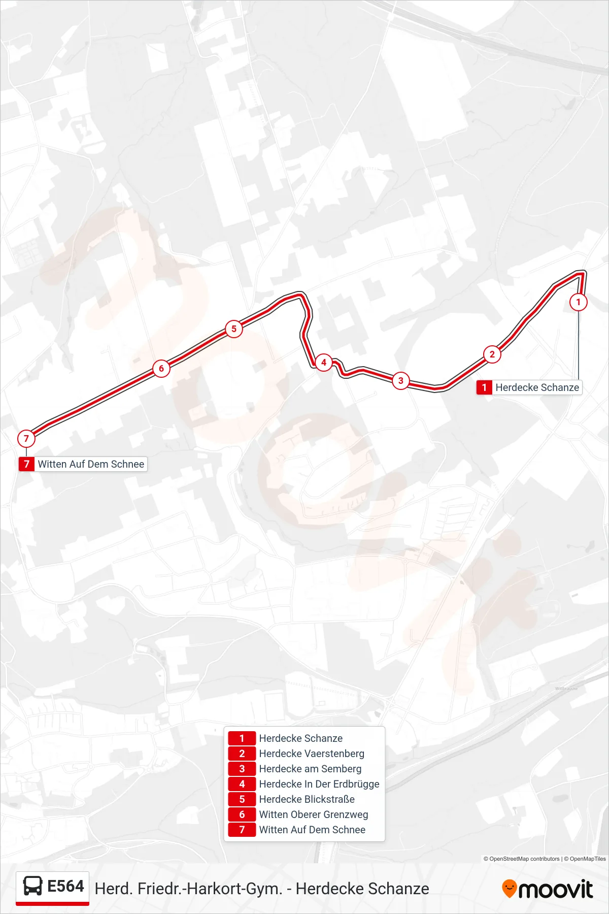 Linie E564 (Bus) Richtung Witten Auf Dem Schnee: Route und Haltestellen auf der Karte