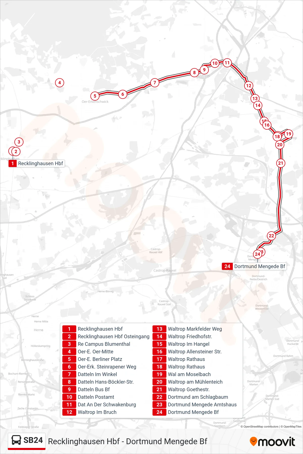 Linie SB24 (Bus) Richtung Dortmund Mengede Bf: Route und Haltestellen auf der Karte