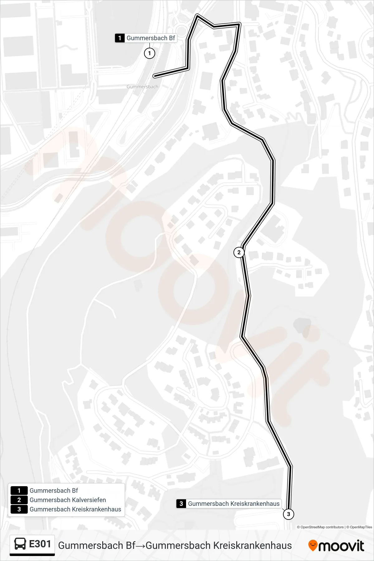 Linie E301 (Bus) Richtung Gummersbach Bf→Gummersbach Kreiskrankenhaus: Route und Haltestellen auf der Karte
