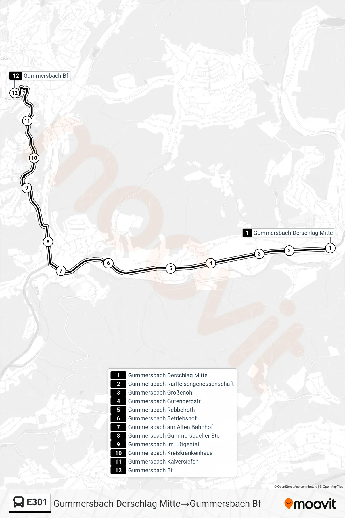 Linie E301 (Bus) Richtung Gummersbach Derschlag Mitte→Gummersbach Bf: Route und Haltestellen auf der Karte