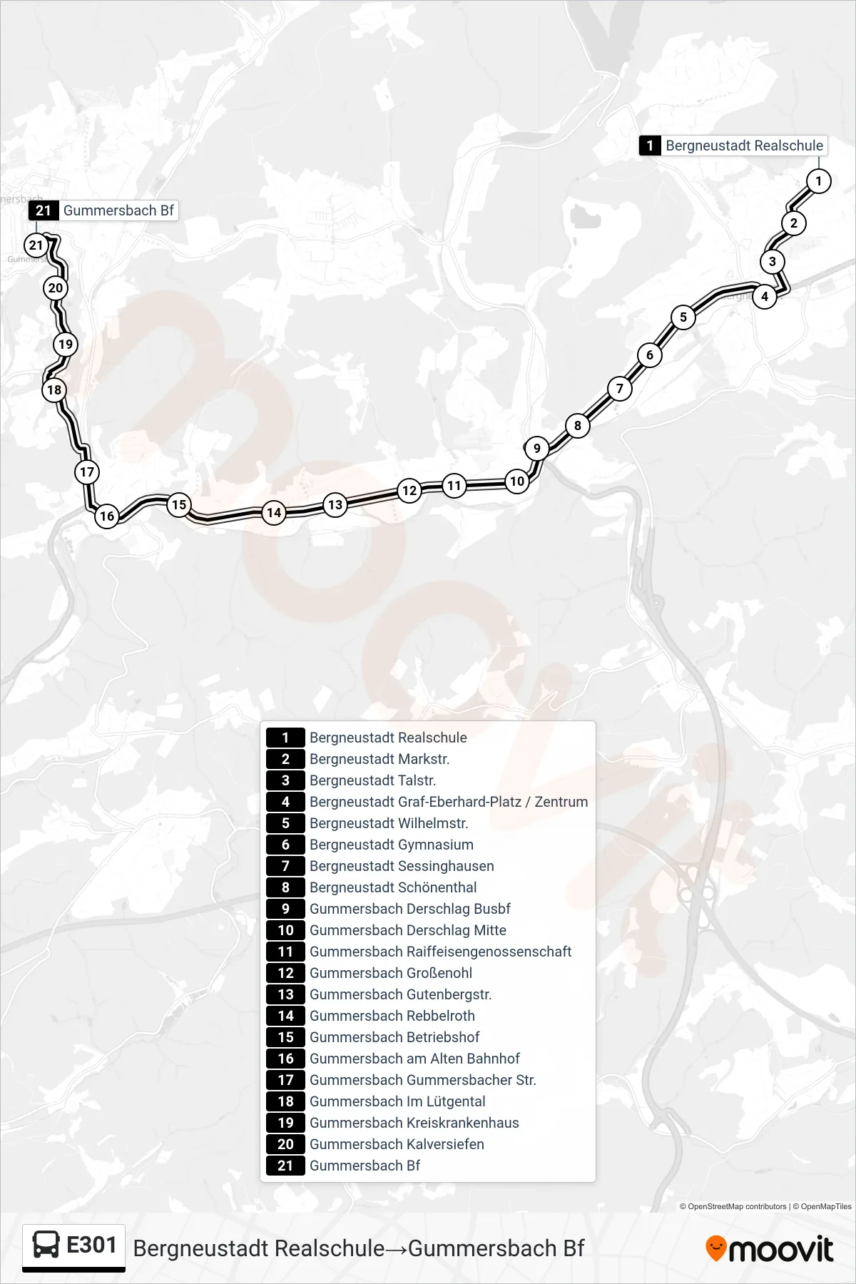 Linie E301 (Bus) Richtung Bergneustadt Realschule→Gummersbach Bf: Route und Haltestellen auf der Karte