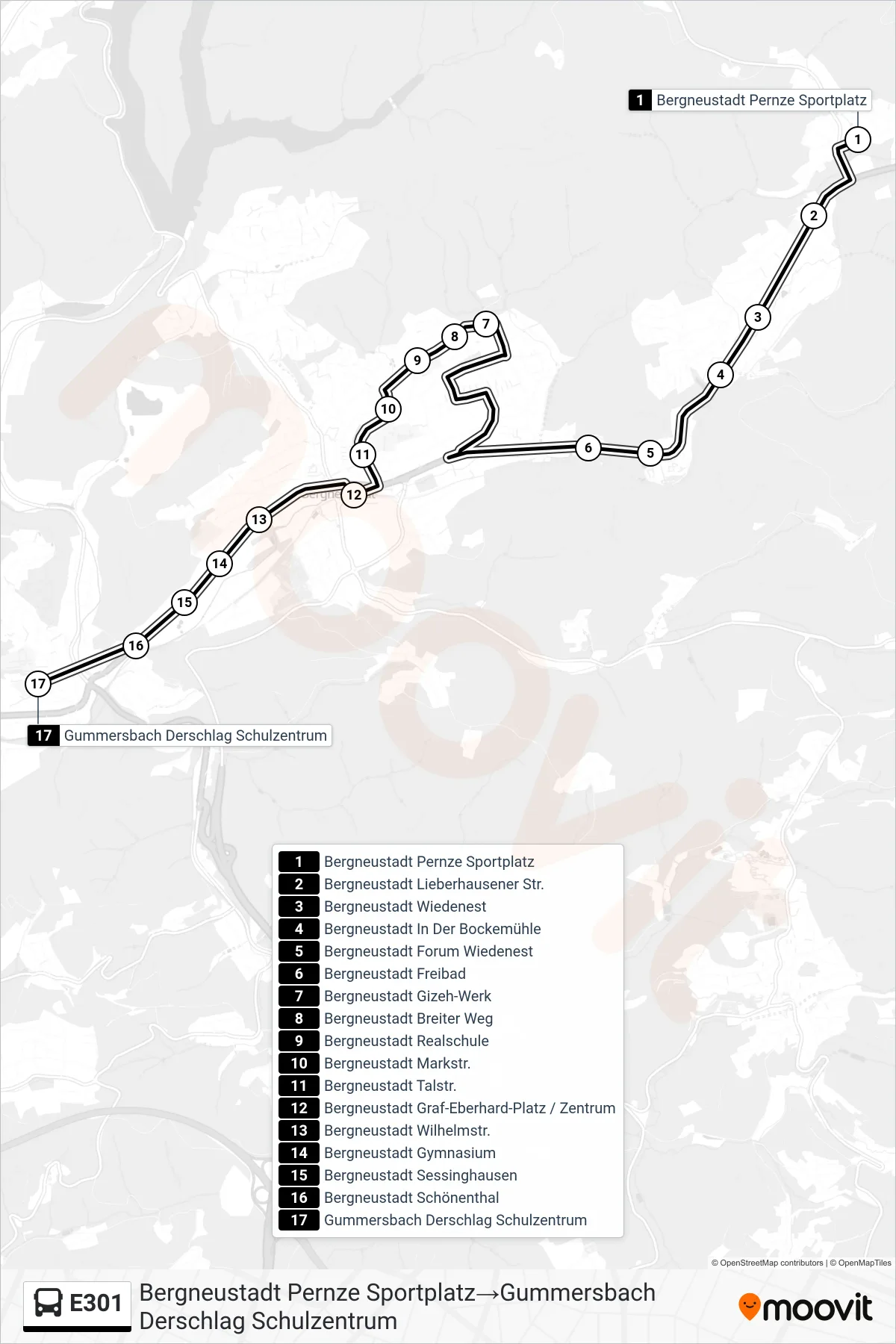 Linie E301 (Bus) Richtung Bergneustadt Pernze Sportplatz→Gummersbach Derschlag Schulzentrum: Route und Haltestellen auf der Karte