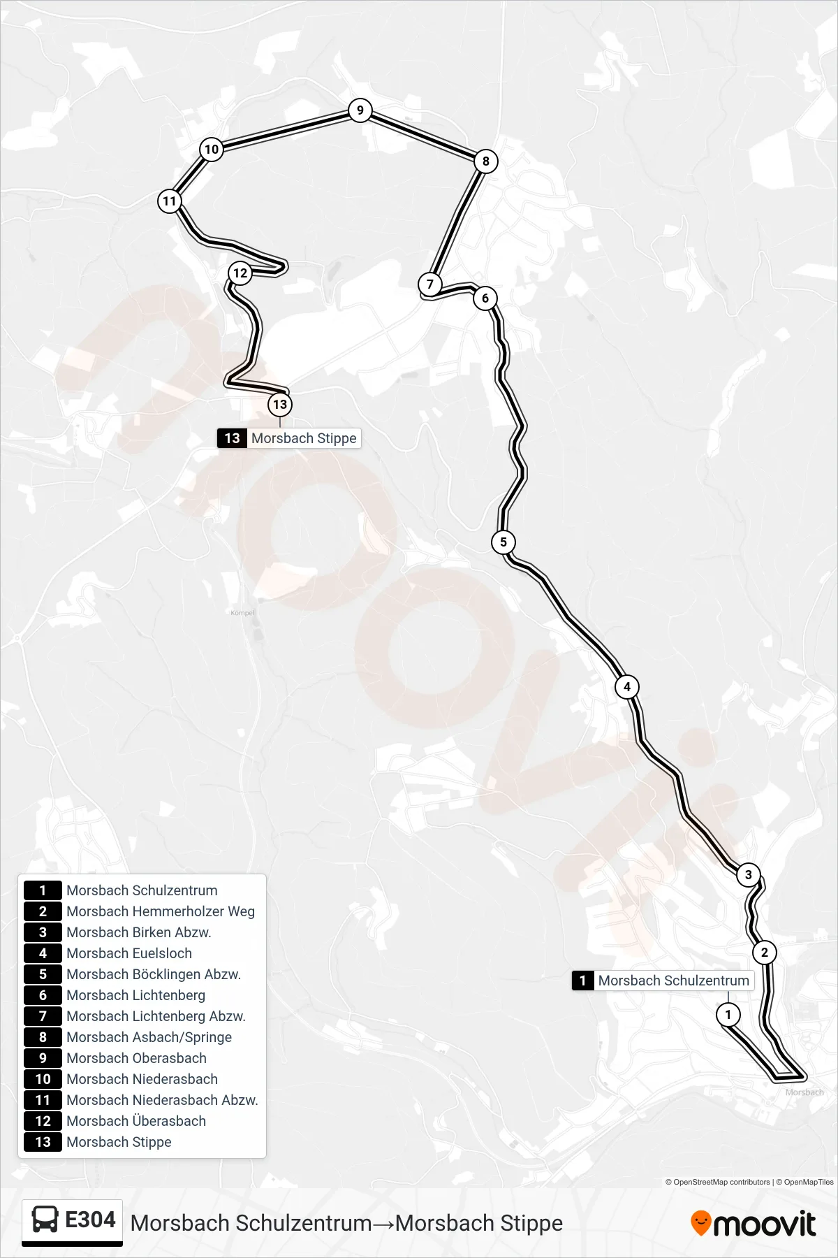 Linie E304 (Bus) Richtung Morsbach Schulzentrum→Morsbach Stippe: Route und Haltestellen auf der Karte