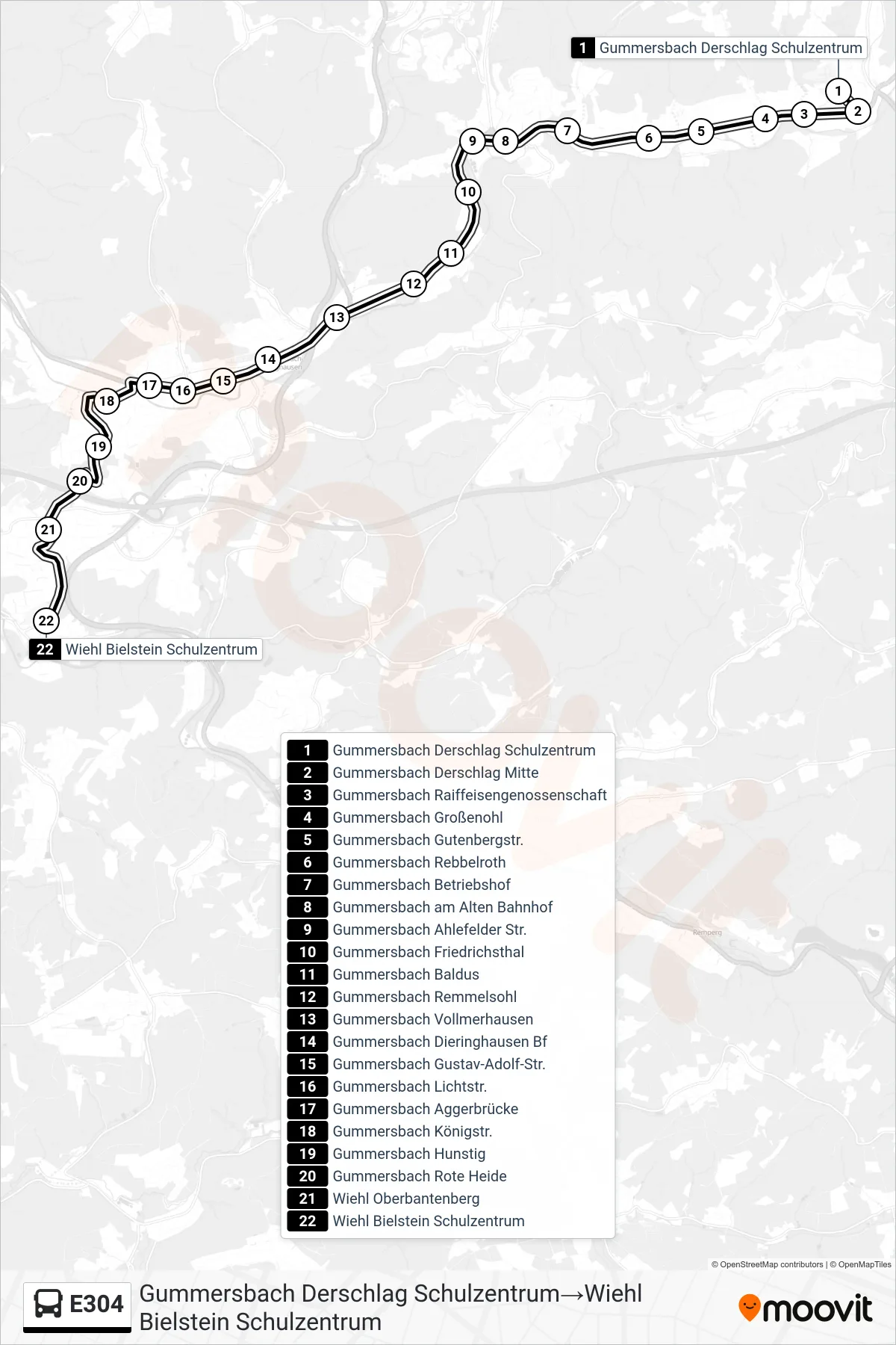 Linie E304 (Bus) Richtung Gummersbach Derschlag Schulzentrum→Wiehl Bielstein Schulzentrum: Route und Haltestellen auf der Karte