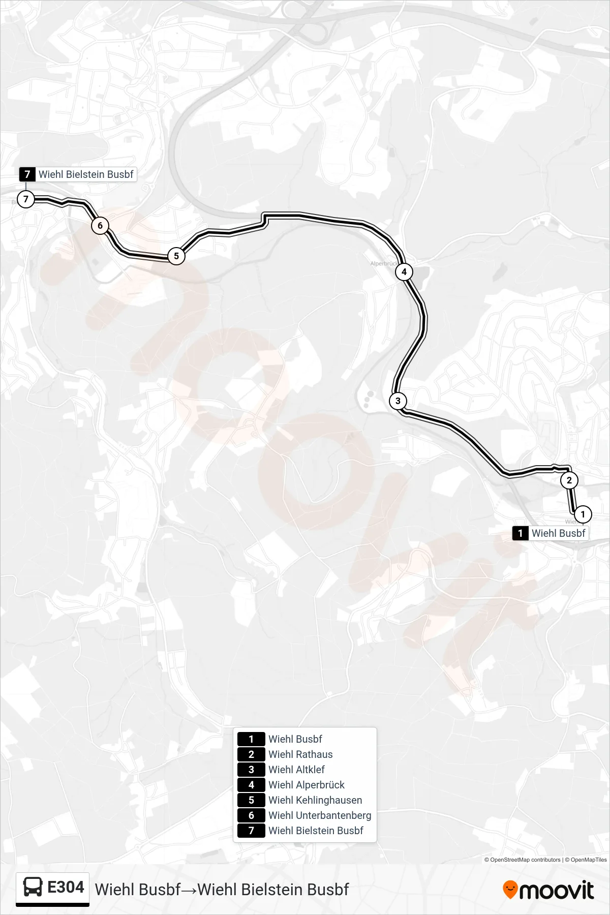 Linie E304 (Bus) Richtung Wiehl Busbf→Wiehl Bielstein Busbf: Route und Haltestellen auf der Karte