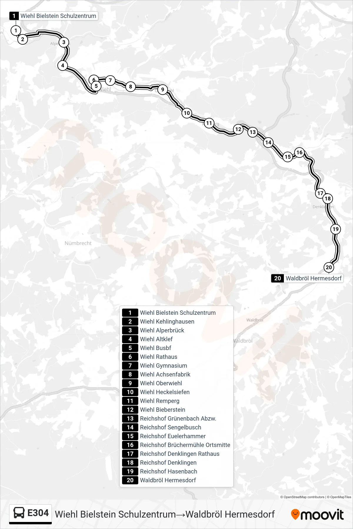 Linie E304 (Bus) Richtung Wiehl Bielstein Schulzentrum→Waldbröl Hermesdorf: Route und Haltestellen auf der Karte