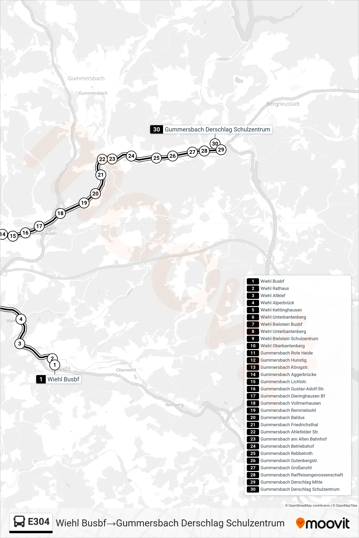 Linie E304 (Bus) Richtung Wiehl Busbf→Gummersbach Derschlag Schulzentrum: Route und Haltestellen auf der Karte