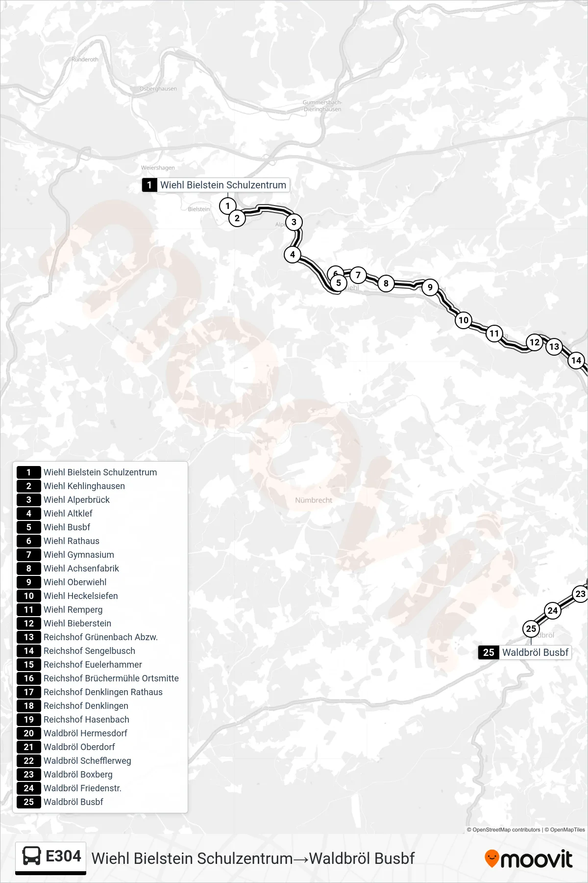Linie E304 (Bus) Richtung Wiehl Bielstein Schulzentrum→Waldbröl Busbf: Route und Haltestellen auf der Karte
