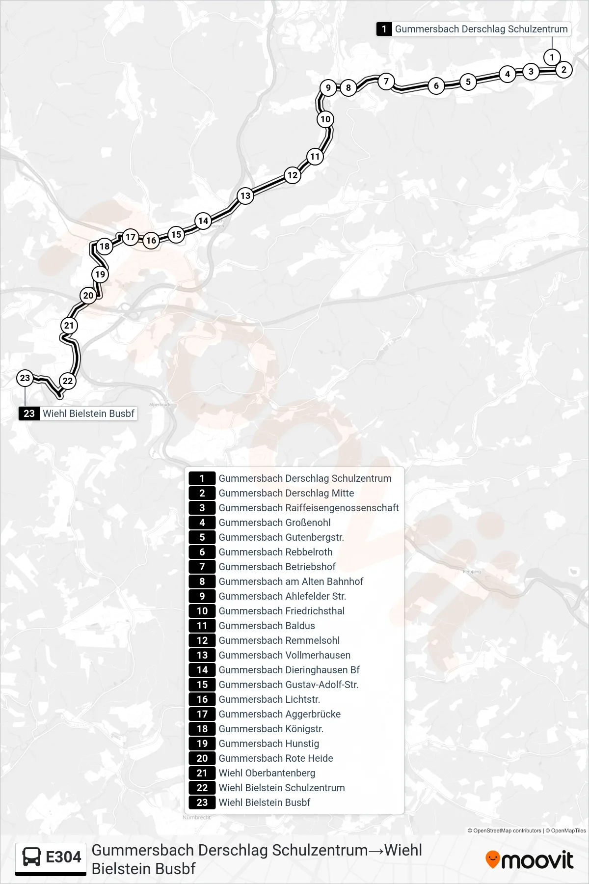 Linie E304 (Bus) Richtung Gummersbach Derschlag Schulzentrum→Wiehl Bielstein Busbf: Route und Haltestellen auf der Karte