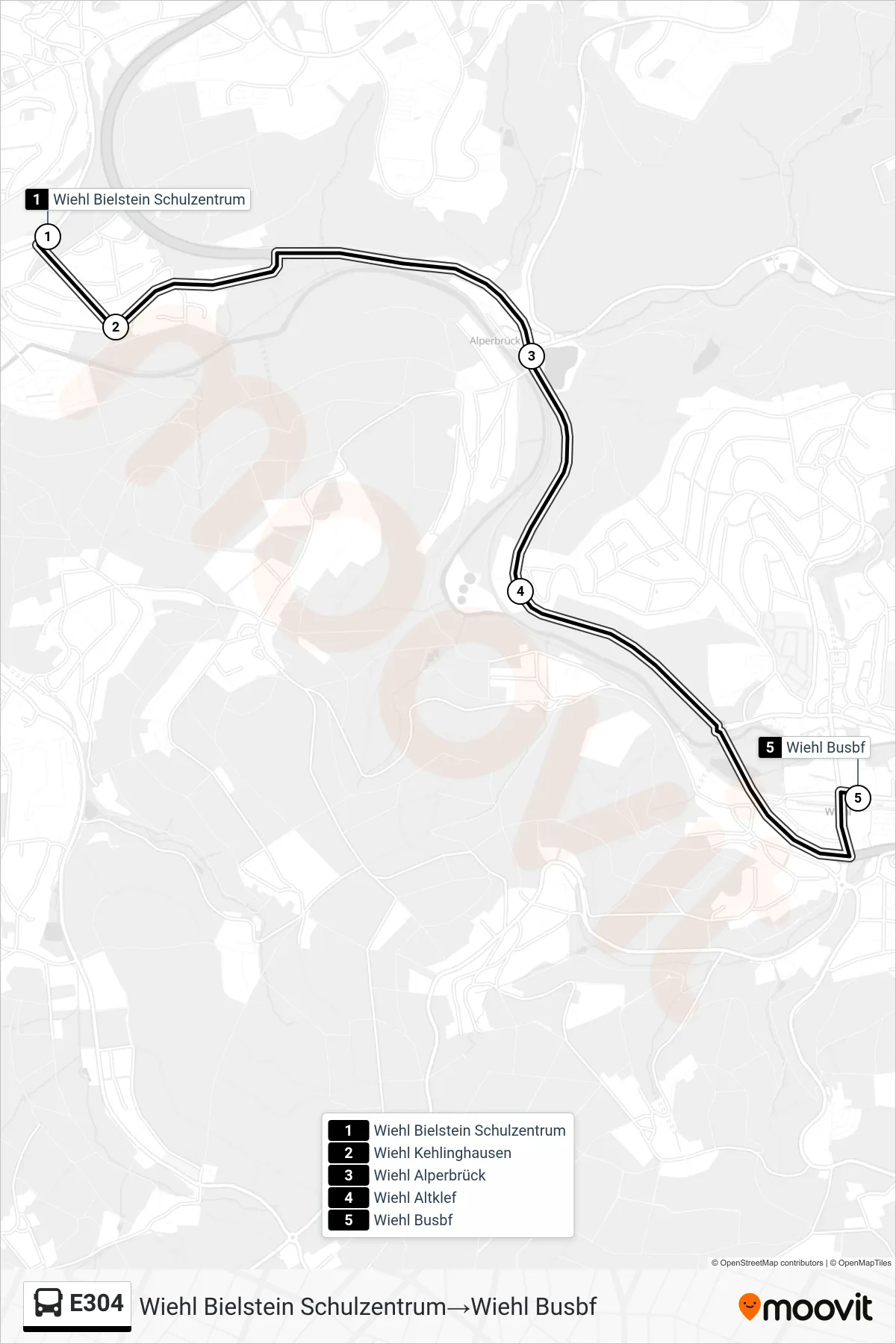 Linie E304 (Bus) Richtung Wiehl Bielstein Schulzentrum→Wiehl Busbf: Route und Haltestellen auf der Karte