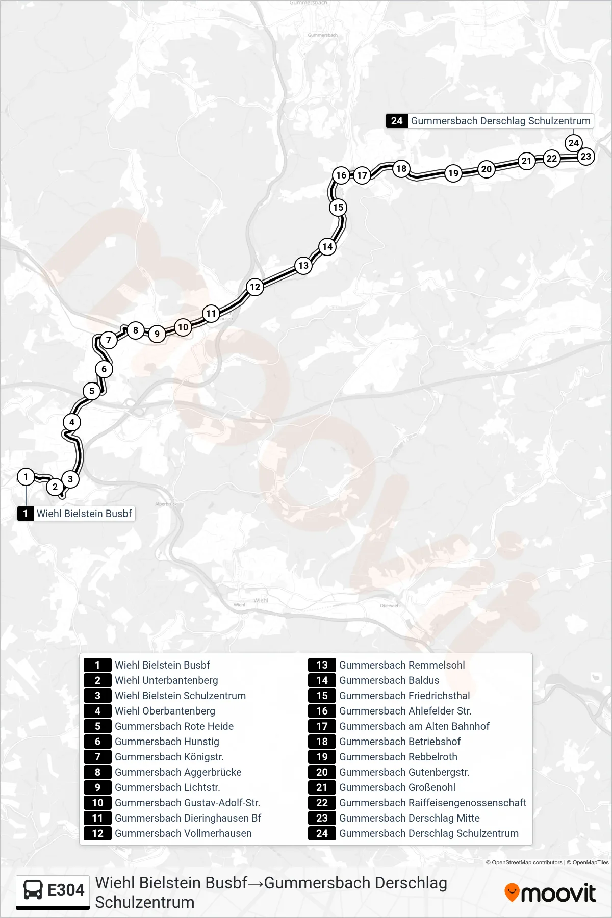 Linie E304 (Bus) Richtung Wiehl Bielstein Busbf→Gummersbach Derschlag Schulzentrum: Route und Haltestellen auf der Karte
