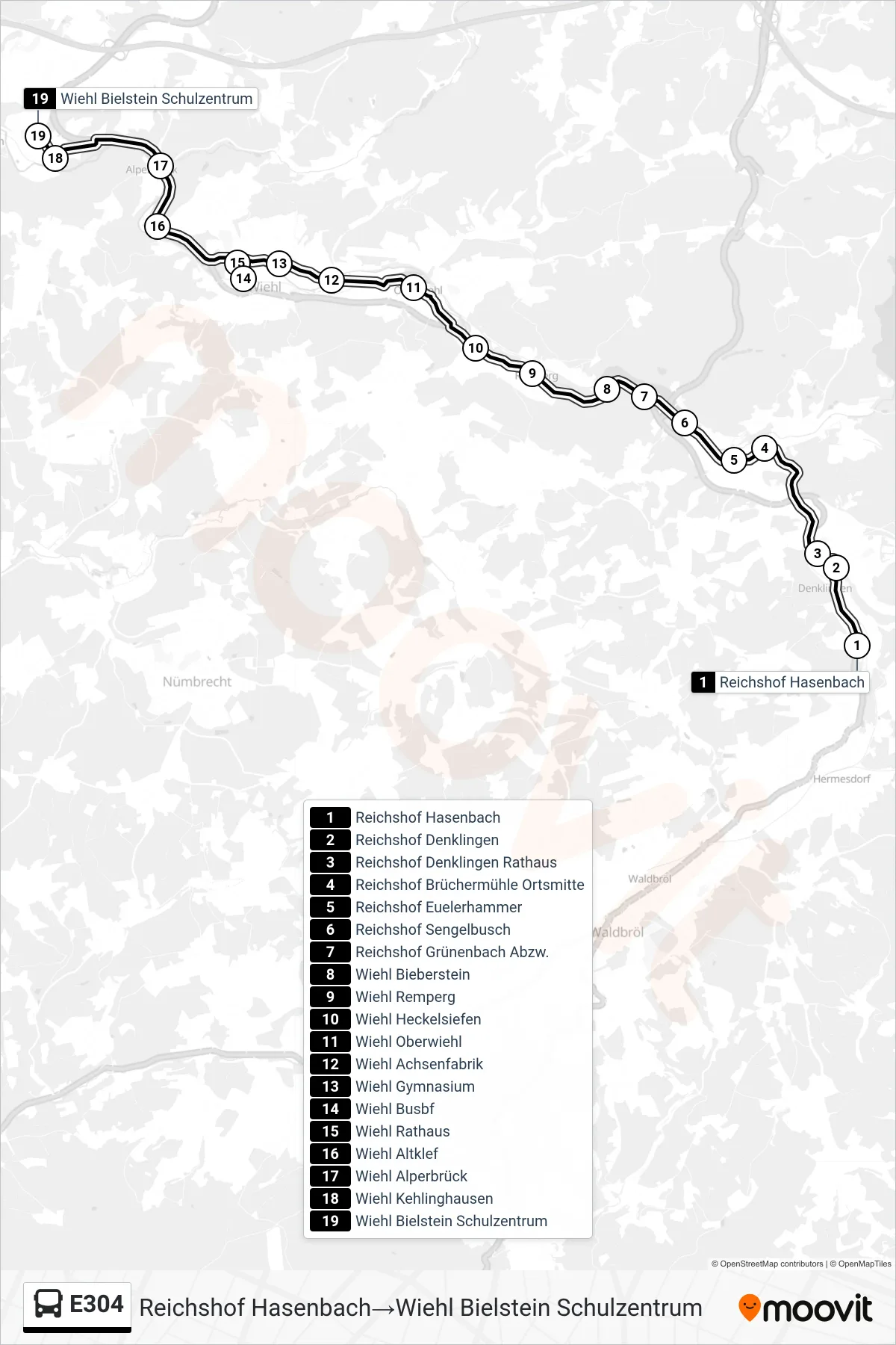 Linie E304 (Bus) Richtung Reichshof Hasenbach→Wiehl Bielstein Schulzentrum: Route und Haltestellen auf der Karte