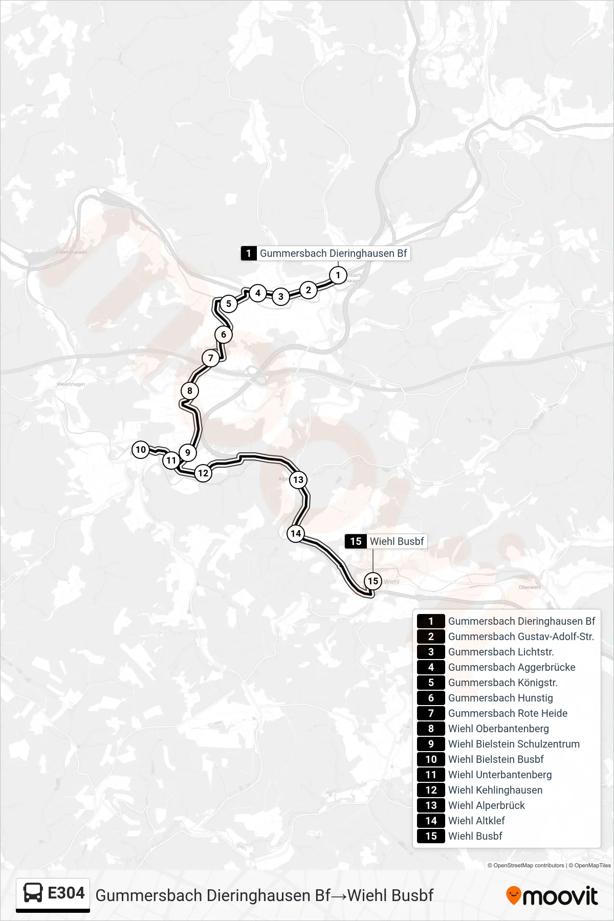 Linie E304 (Bus) Richtung Gummersbach Dieringhausen Bf→Wiehl Busbf: Route und Haltestellen auf der Karte