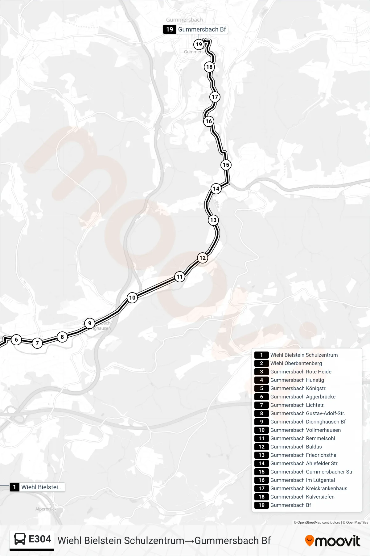 Linie E304 (Bus) Richtung Wiehl Bielstein Schulzentrum→Gummersbach Bf: Route und Haltestellen auf der Karte