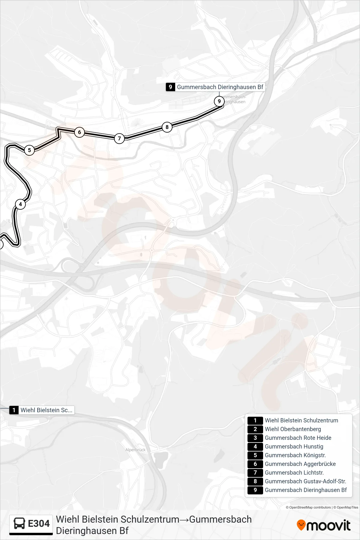 Linie E304 (Bus) Richtung Wiehl Bielstein Schulzentrum→Gummersbach Dieringhausen Bf: Route und Haltestellen auf der Karte