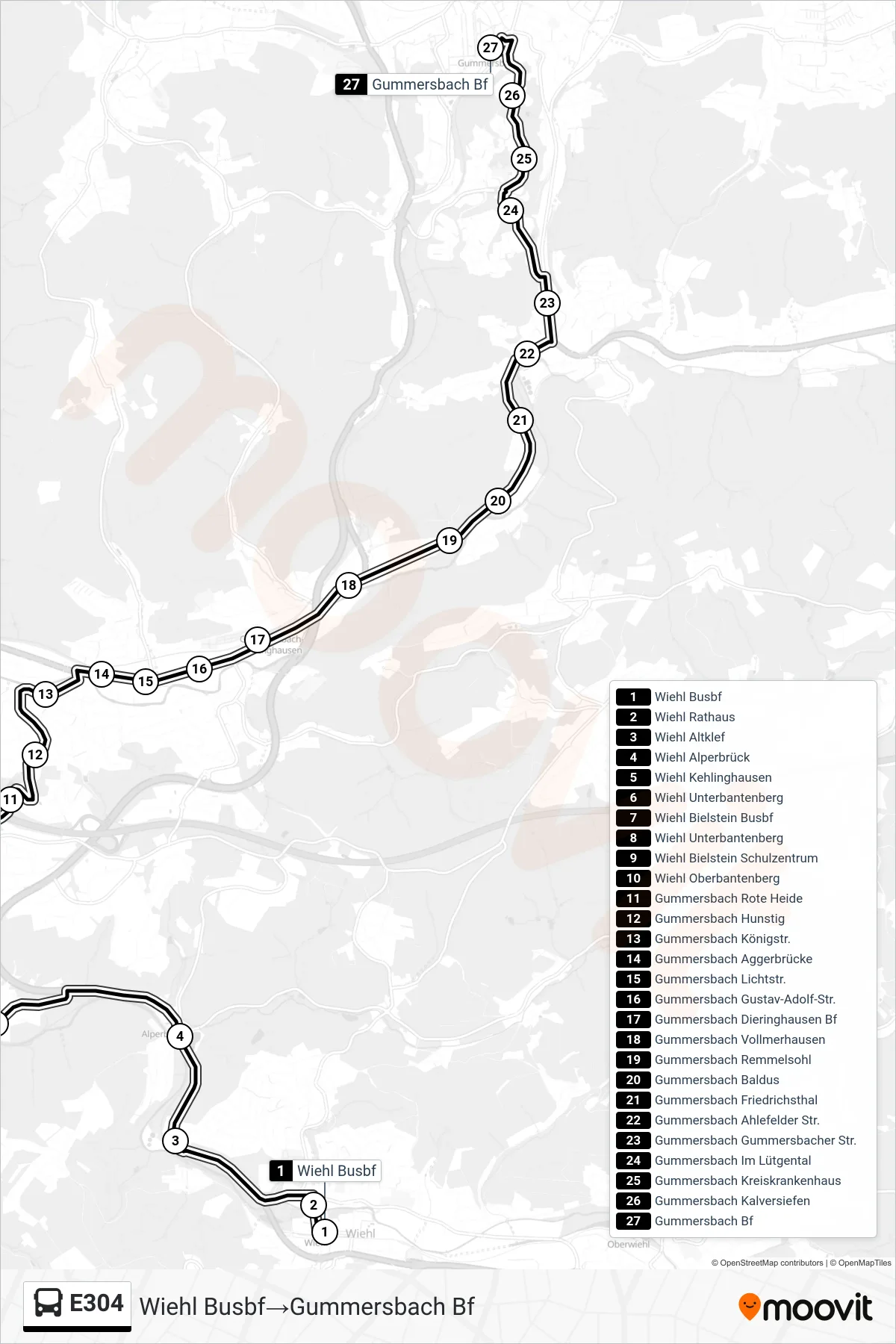 Linie E304 (Bus) Richtung Wiehl Busbf→Gummersbach Bf: Route und Haltestellen auf der Karte