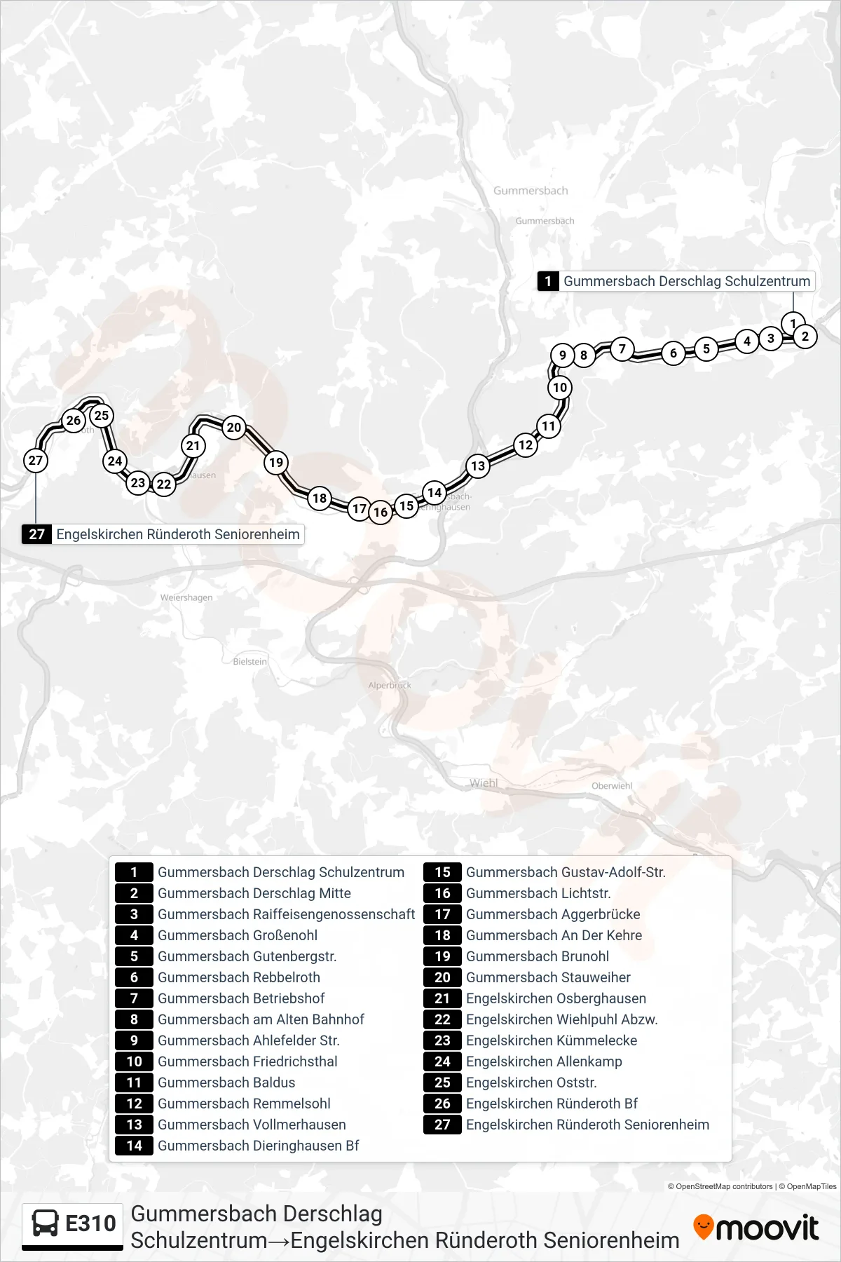Linie E310 (Bus) Richtung Gummersbach Derschlag Schulzentrum→Engelskirchen Ründeroth Seniorenheim: Route und Haltestellen auf der Karte