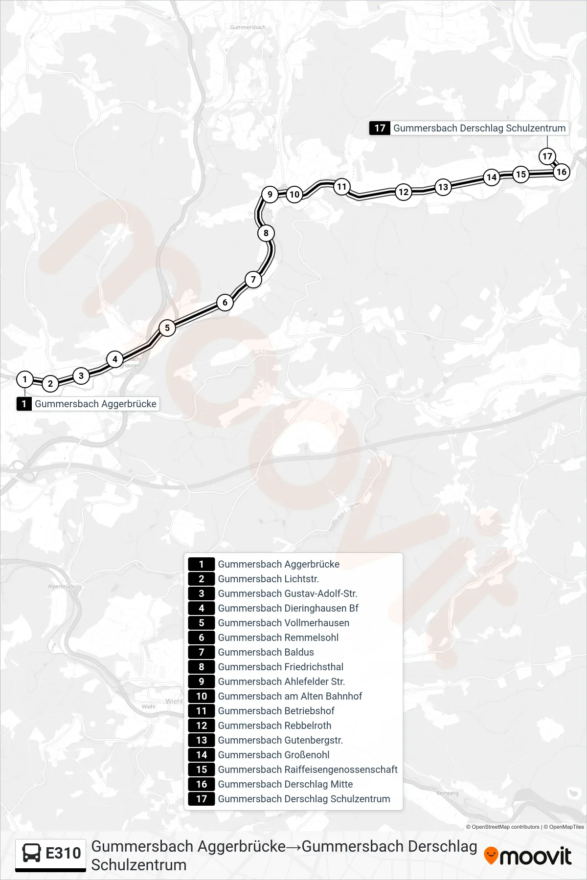 Linie E310 (Bus) Richtung Gummersbach Aggerbrücke→Gummersbach Derschlag Schulzentrum: Route und Haltestellen auf der Karte
