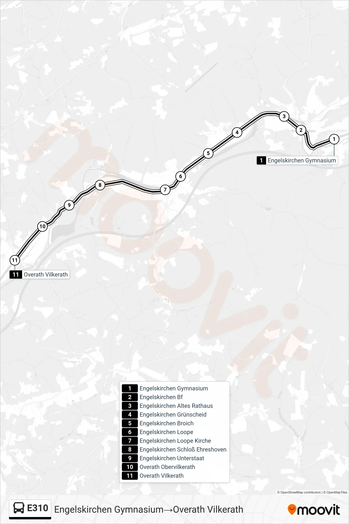 Linie E310 (Bus) Richtung Engelskirchen Gymnasium→Overath Vilkerath: Route und Haltestellen auf der Karte