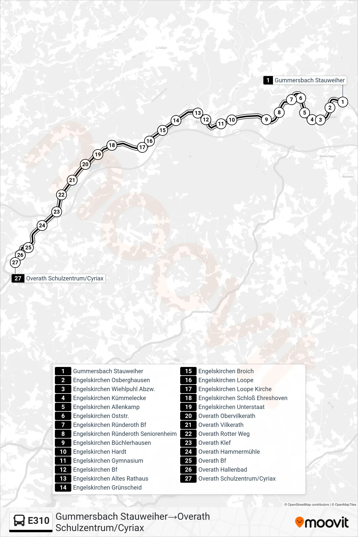 Linie E310 (Bus) Richtung Gummersbach Stauweiher→Overath Schulzentrum/Cyriax: Route und Haltestellen auf der Karte
