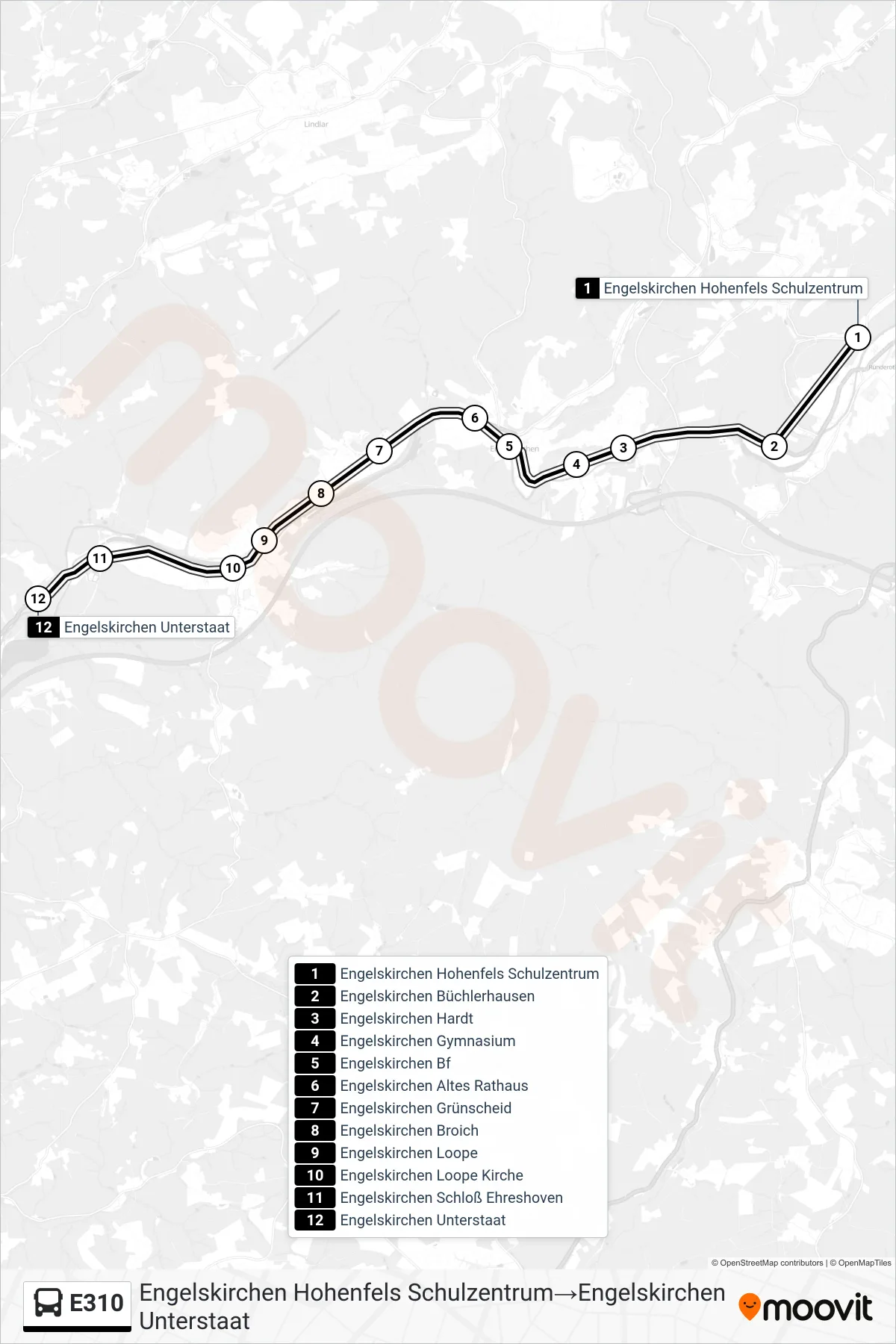 Linie E310 (Bus) Richtung Engelskirchen Hohenfels Schulzentrum→Engelskirchen Unterstaat: Route und Haltestellen auf der Karte