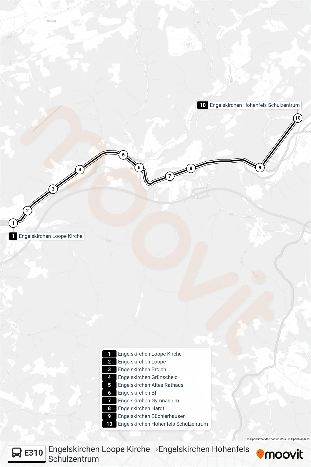Linie E310 (Bus) Richtung Engelskirchen Loope Kirche→Engelskirchen Hohenfels Schulzentrum: Route und Haltestellen auf der Karte