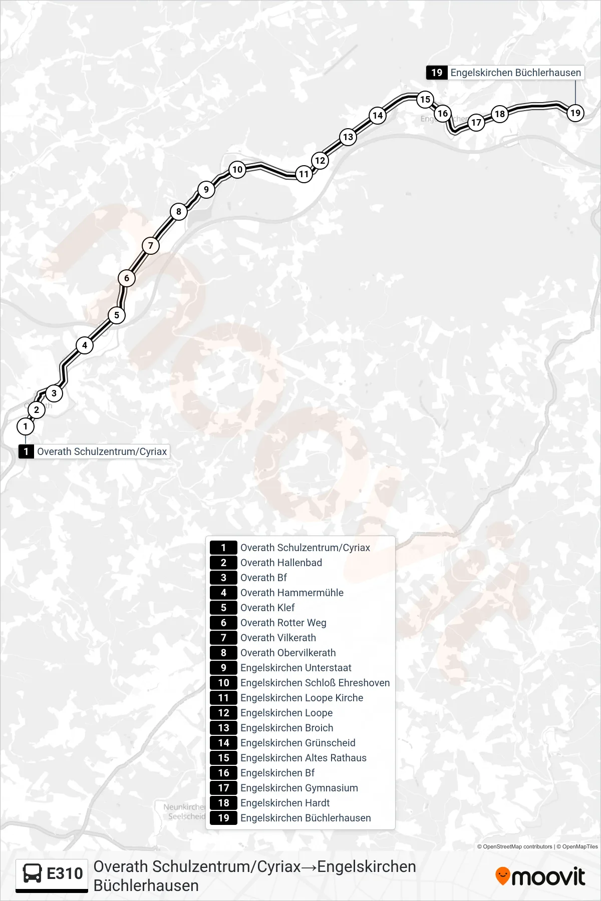 Linie E310 (Bus) Richtung Overath Schulzentrum/Cyriax→Engelskirchen Büchlerhausen: Route und Haltestellen auf der Karte