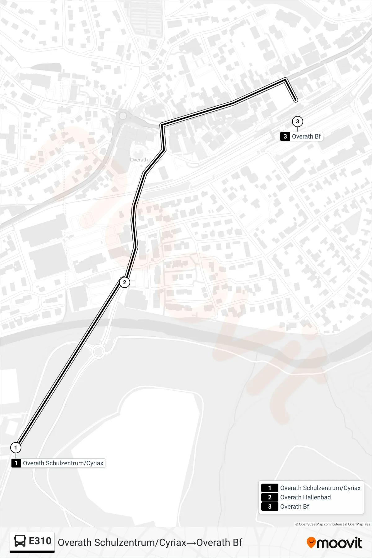 Linie E310 (Bus) Richtung Overath Schulzentrum/Cyriax→Overath Bf: Route und Haltestellen auf der Karte