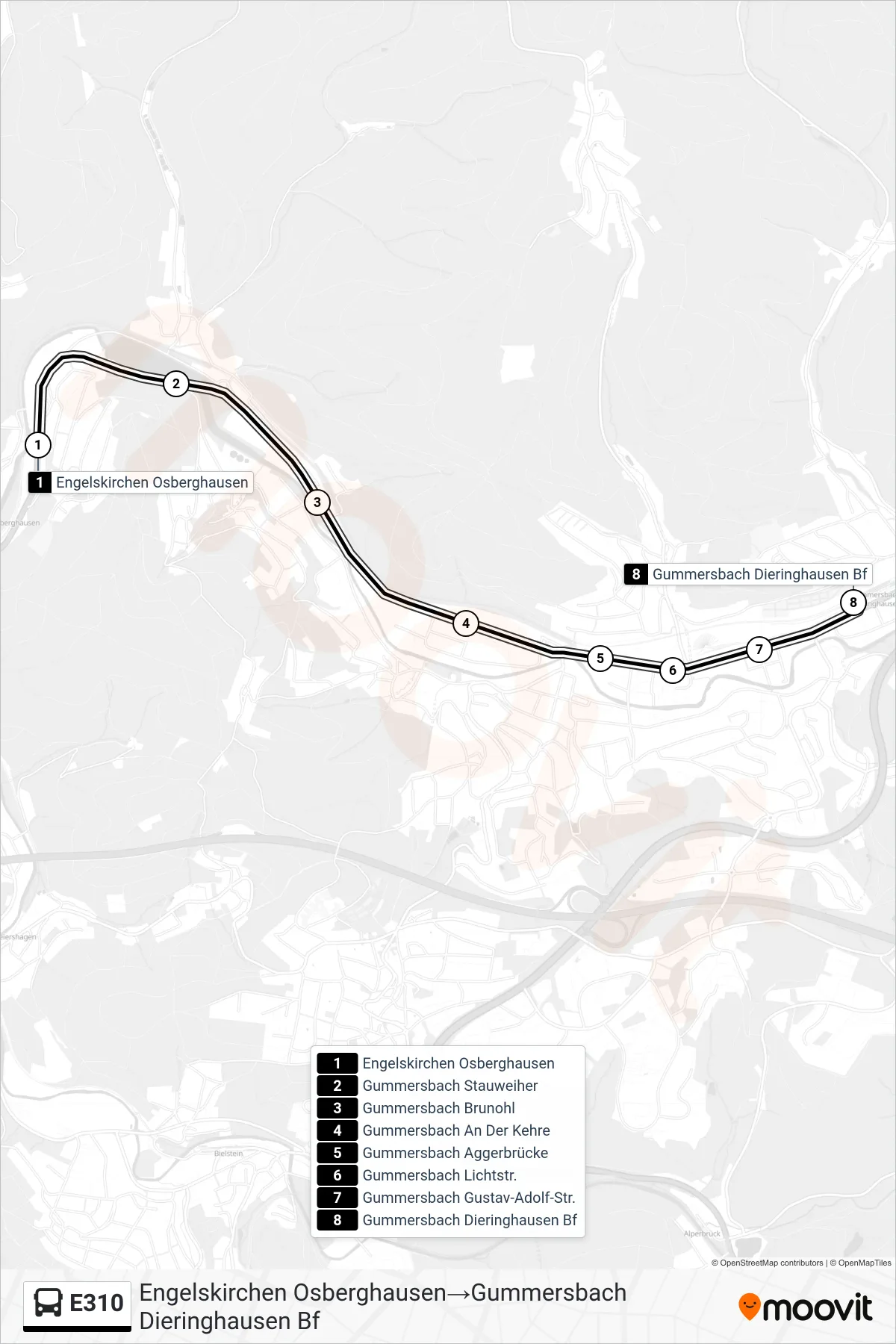 Linie E310 (Bus) Richtung Engelskirchen Osberghausen→Gummersbach Dieringhausen Bf: Route und Haltestellen auf der Karte