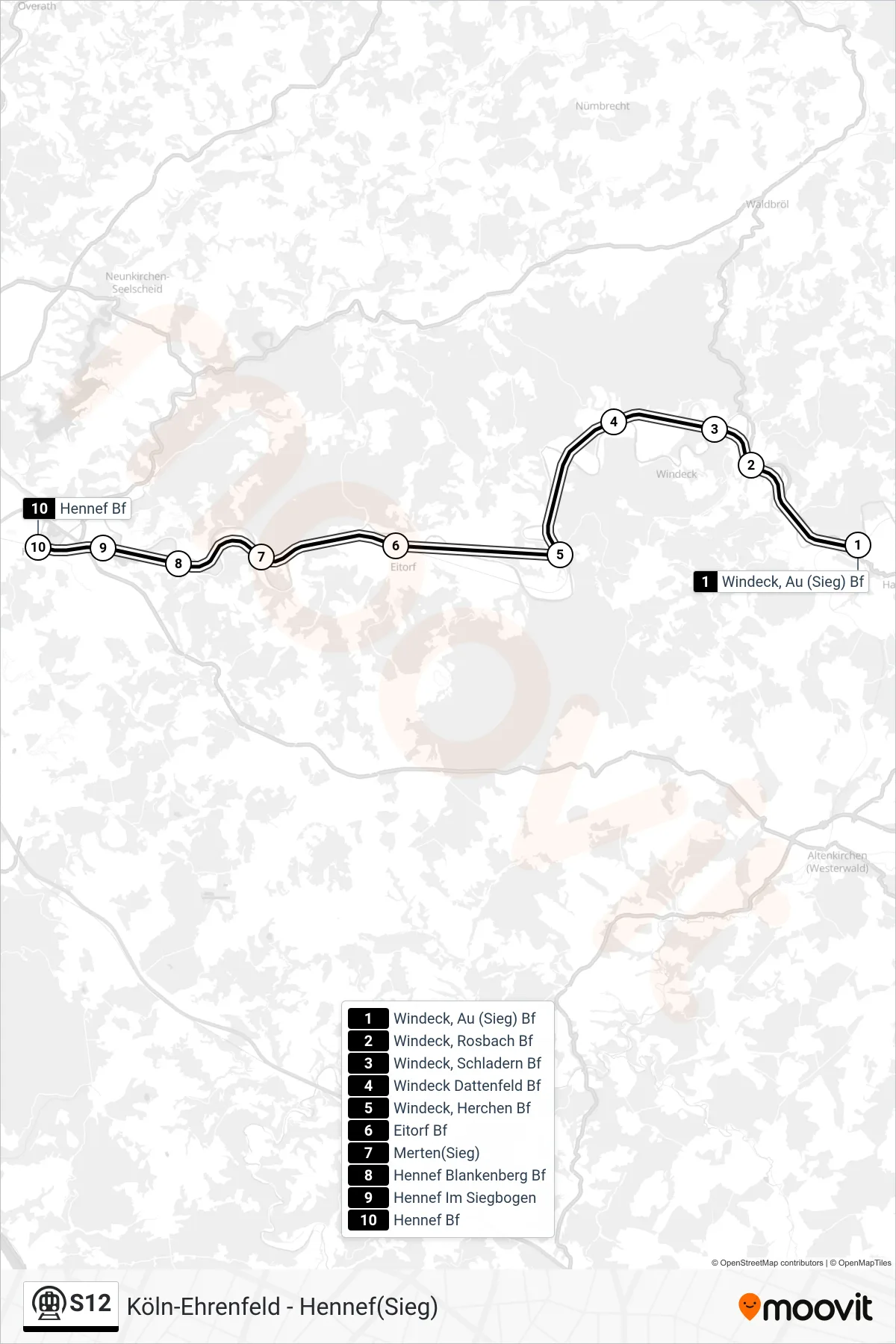 Linie S12 (U-Bahn) Richtung Hennef(Sieg): Route und Haltestellen auf der Karte