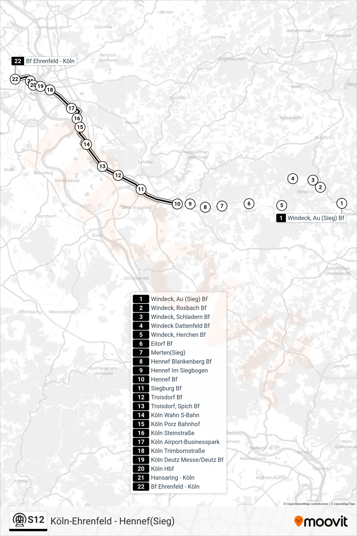 Linie S12 (U-Bahn) Richtung Köln-Ehrenfeld: Route und Haltestellen auf der Karte