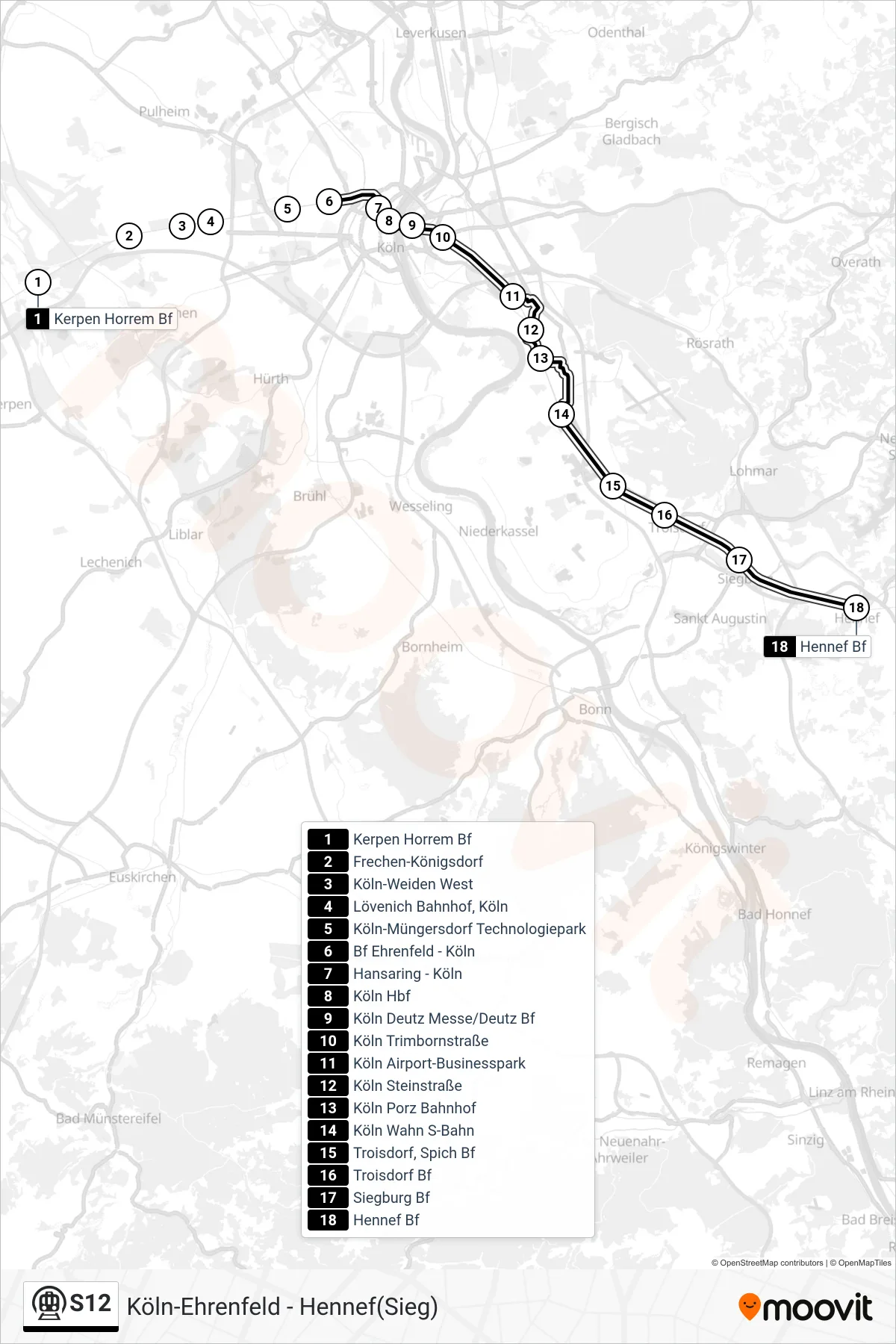 Linie S12 (U-Bahn) Richtung Hennef(Sieg): Route und Haltestellen auf der Karte
