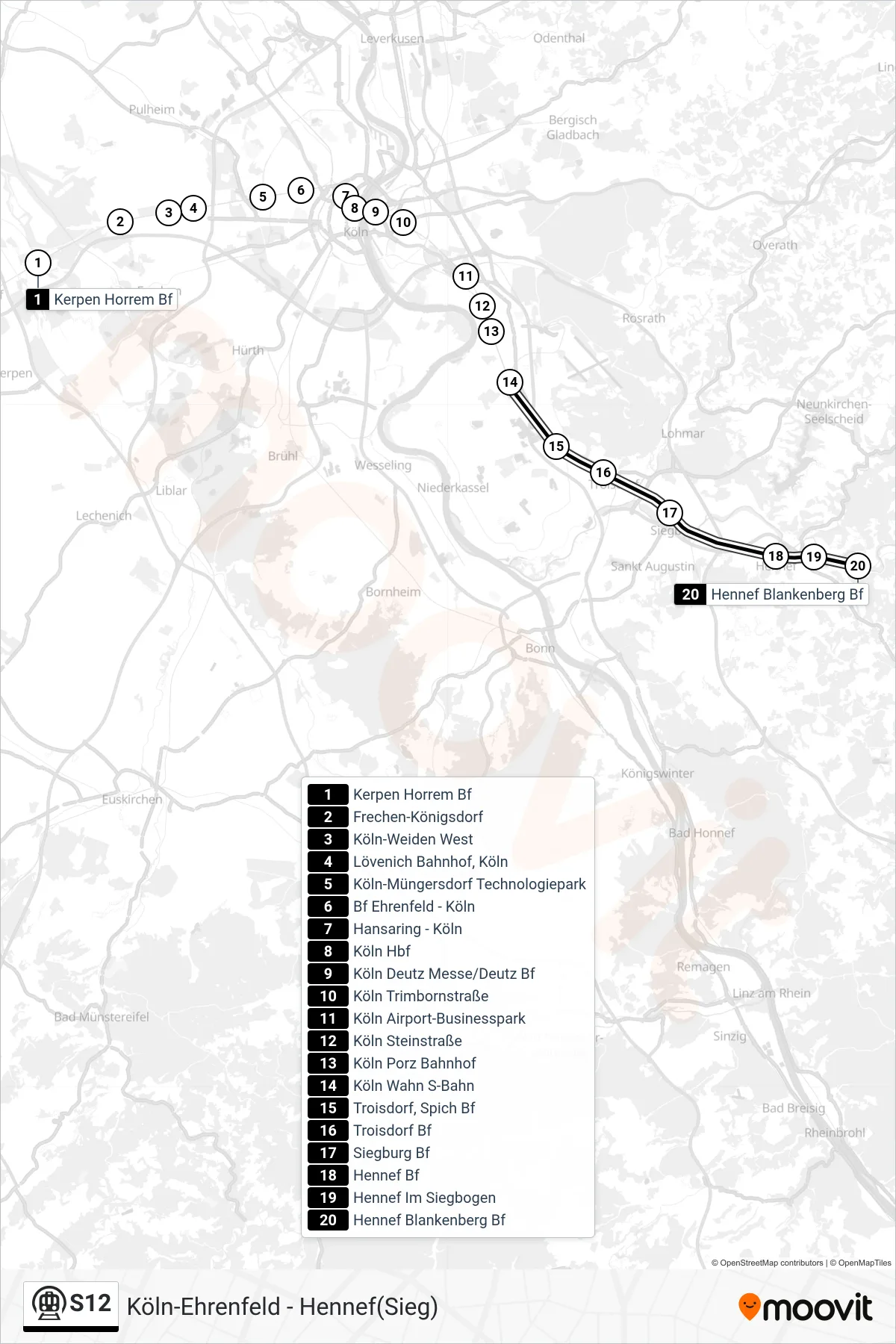 S12 subway Line (Blankenberg(Sieg)) route and stops on a map