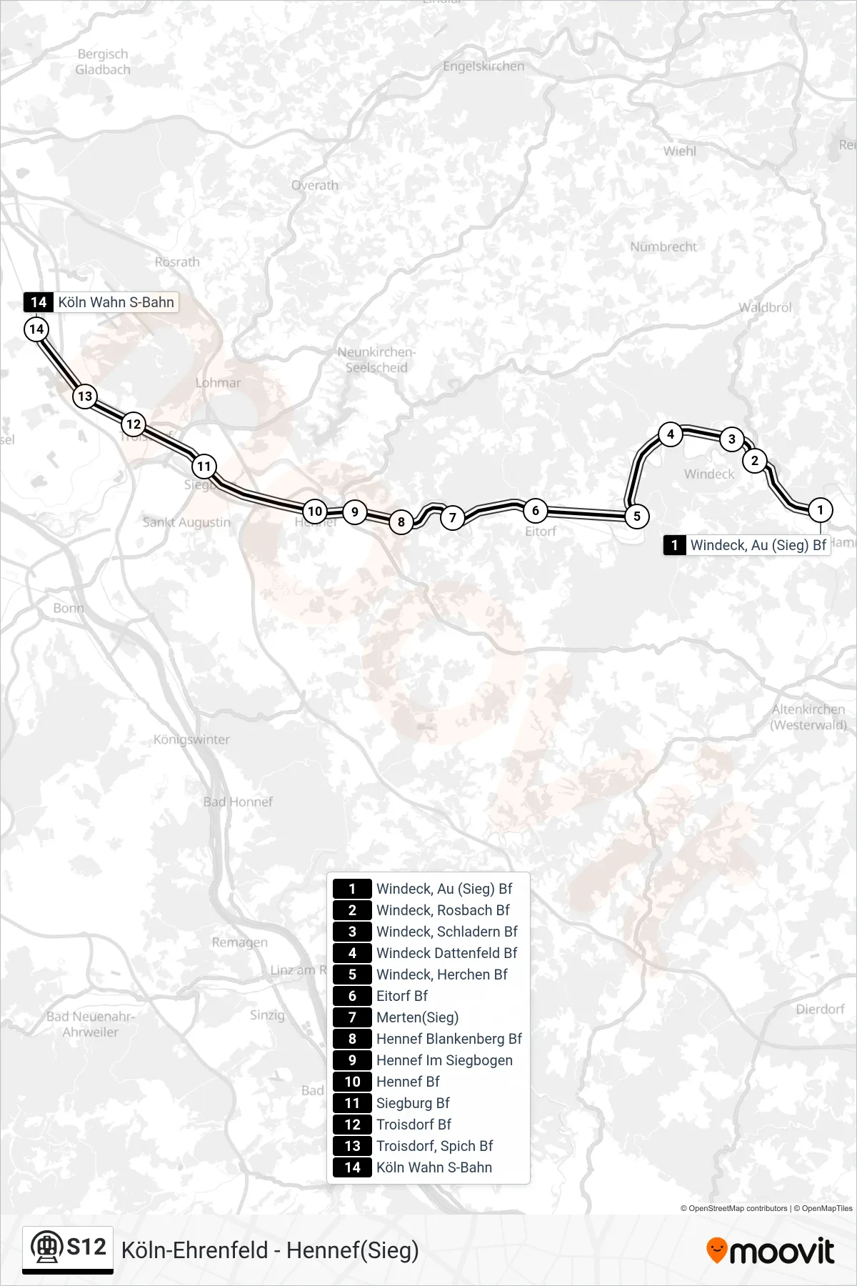 S12 subway Line (Porz-Wahn) route and stops on a map