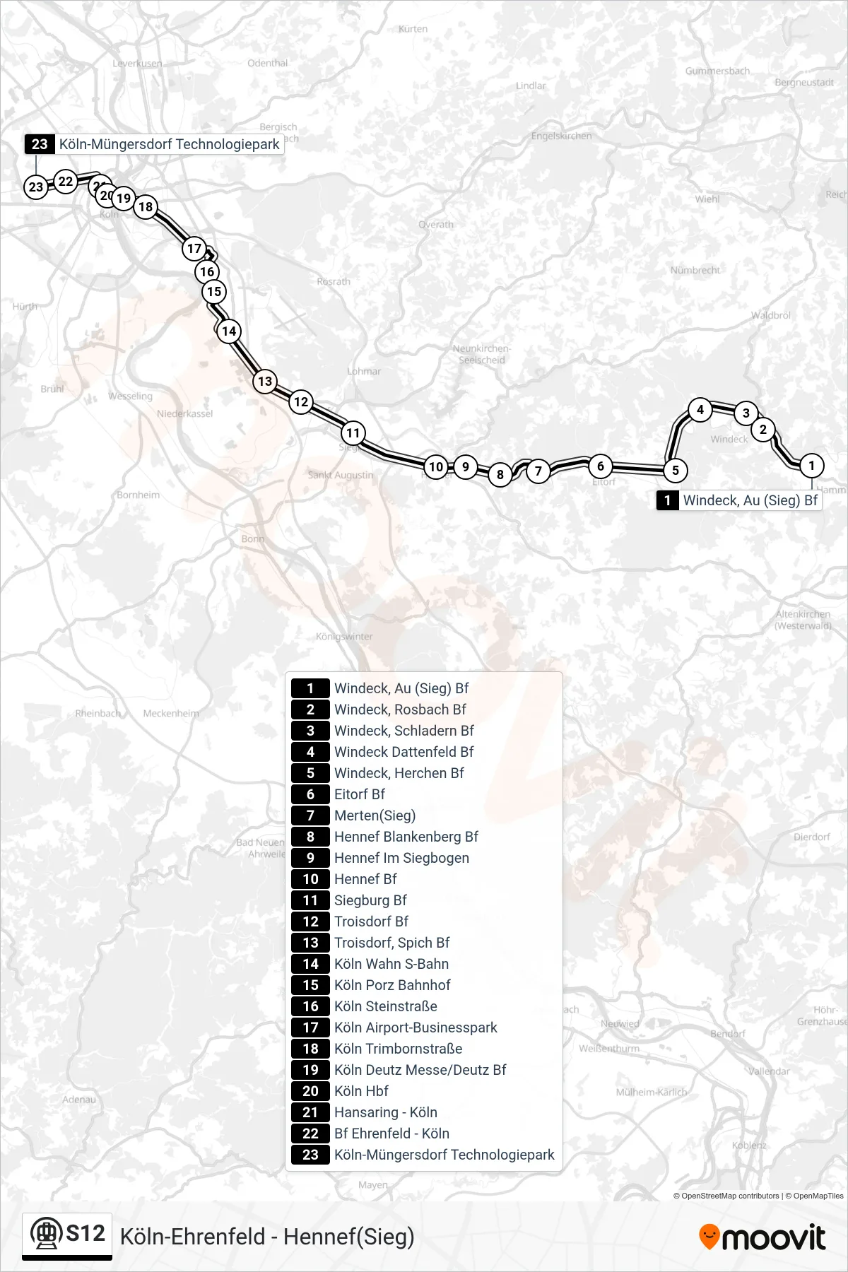 S12 subway Line (Köln-Müngersdorf Technologiepark) route and stops on a map