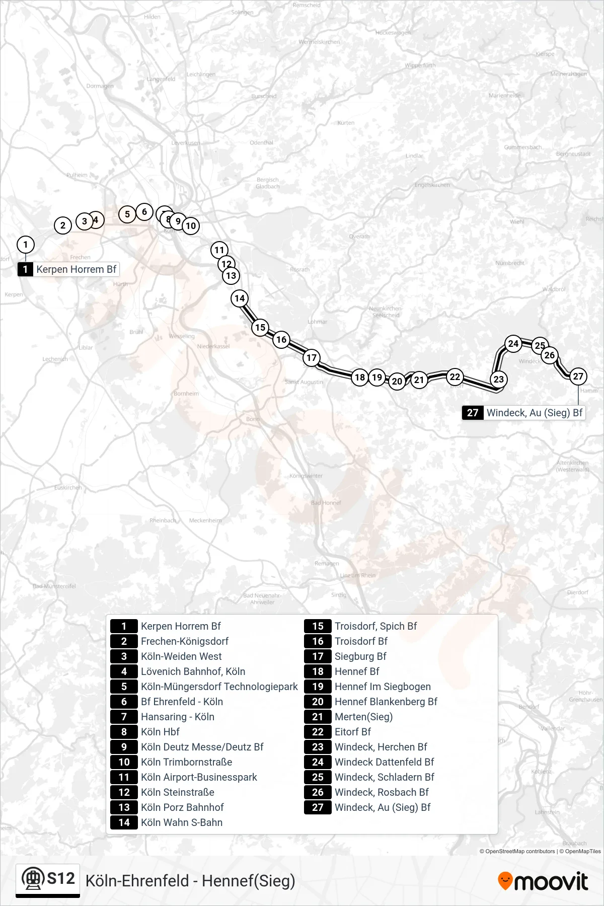 S12 subway Line (Au(Sieg)) route and stops on a map