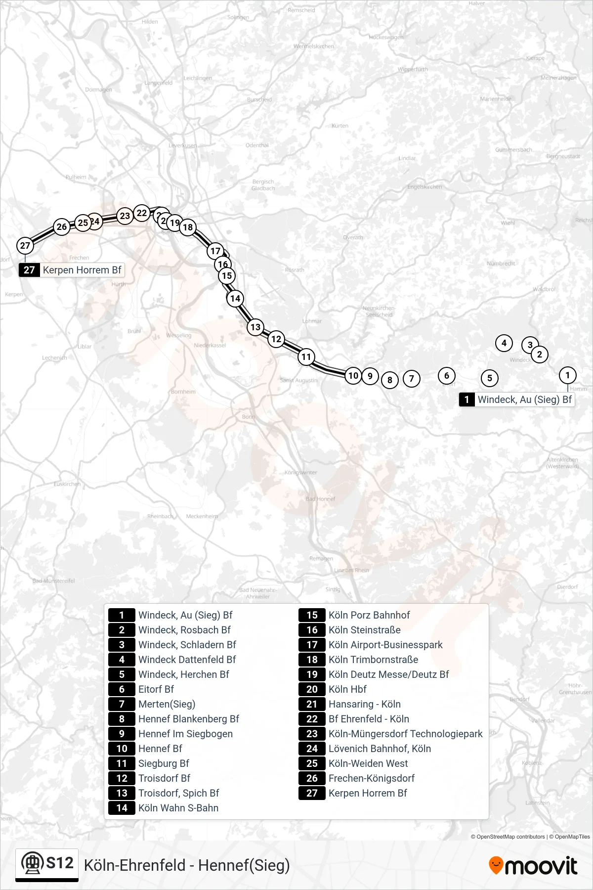 Linie S12 (U-Bahn) Richtung Horrem: Route und Haltestellen auf der Karte