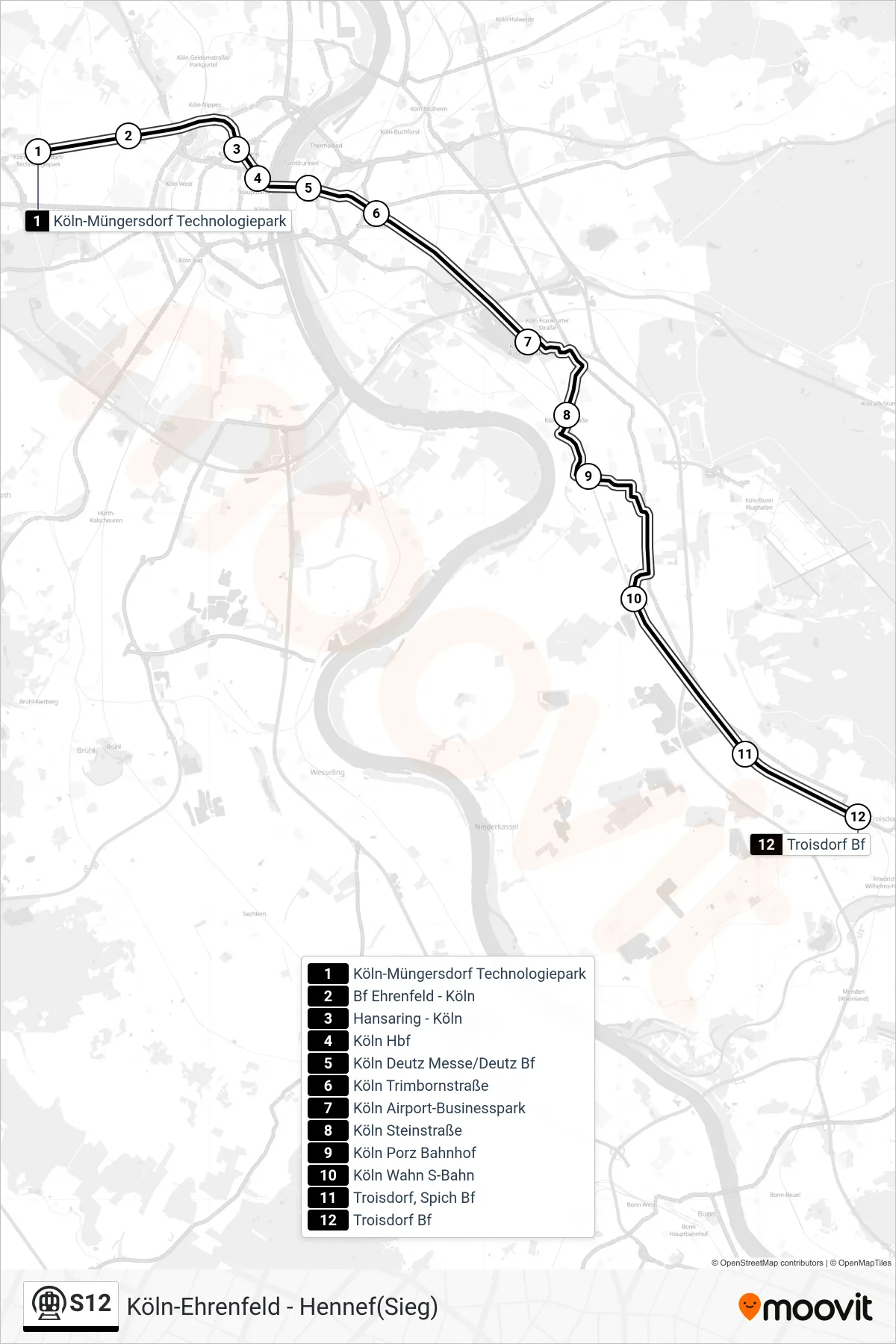S12 subway Line (Troisdorf) route and stops on a map
