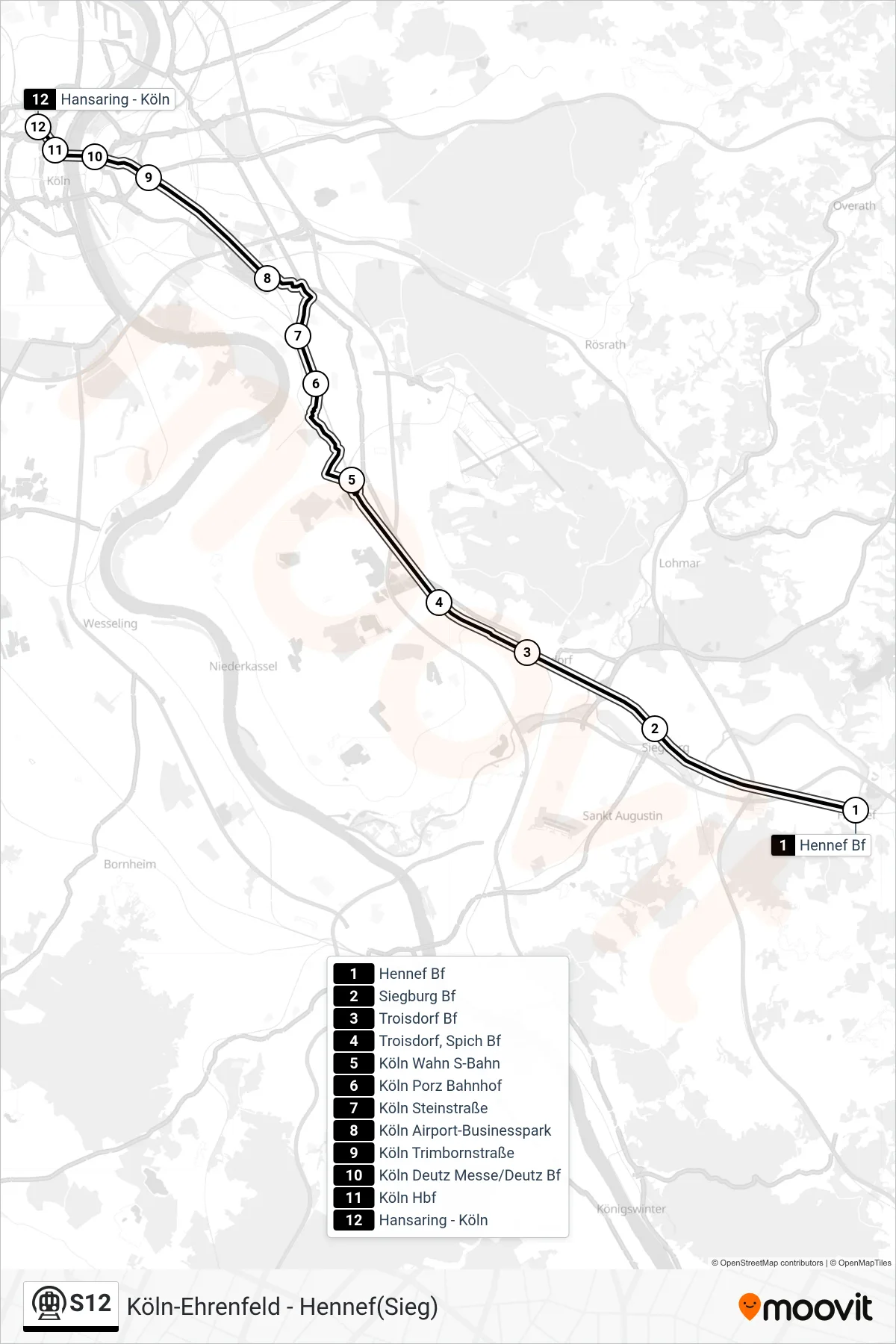 S12 subway Line (Köln Hansaring) route and stops on a map
