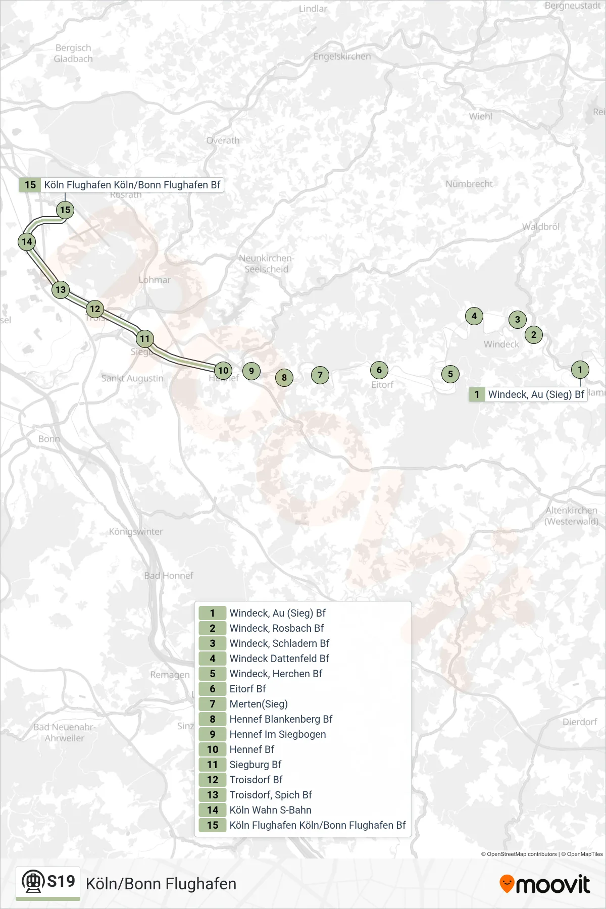 Linie S19 (U-Bahn) Richtung Köln/Bonn Flughafen: Route und Haltestellen auf der Karte